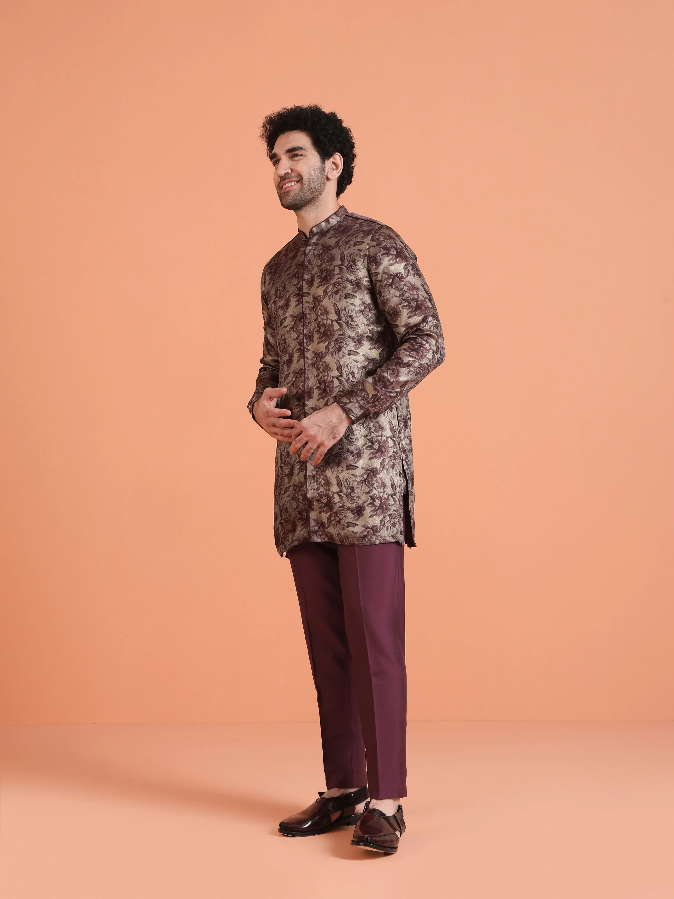 Maroon Floral Art Silk Front Open Kurta Set - Image 2