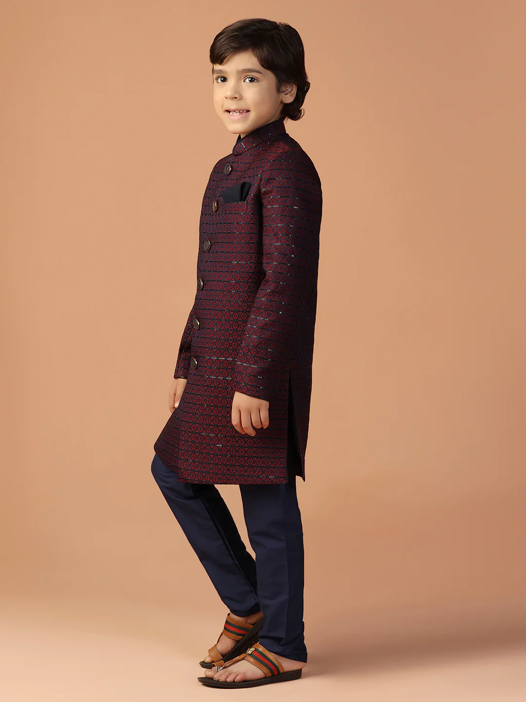 Maroon Jacquard Kids Sherwani Set - Image 2