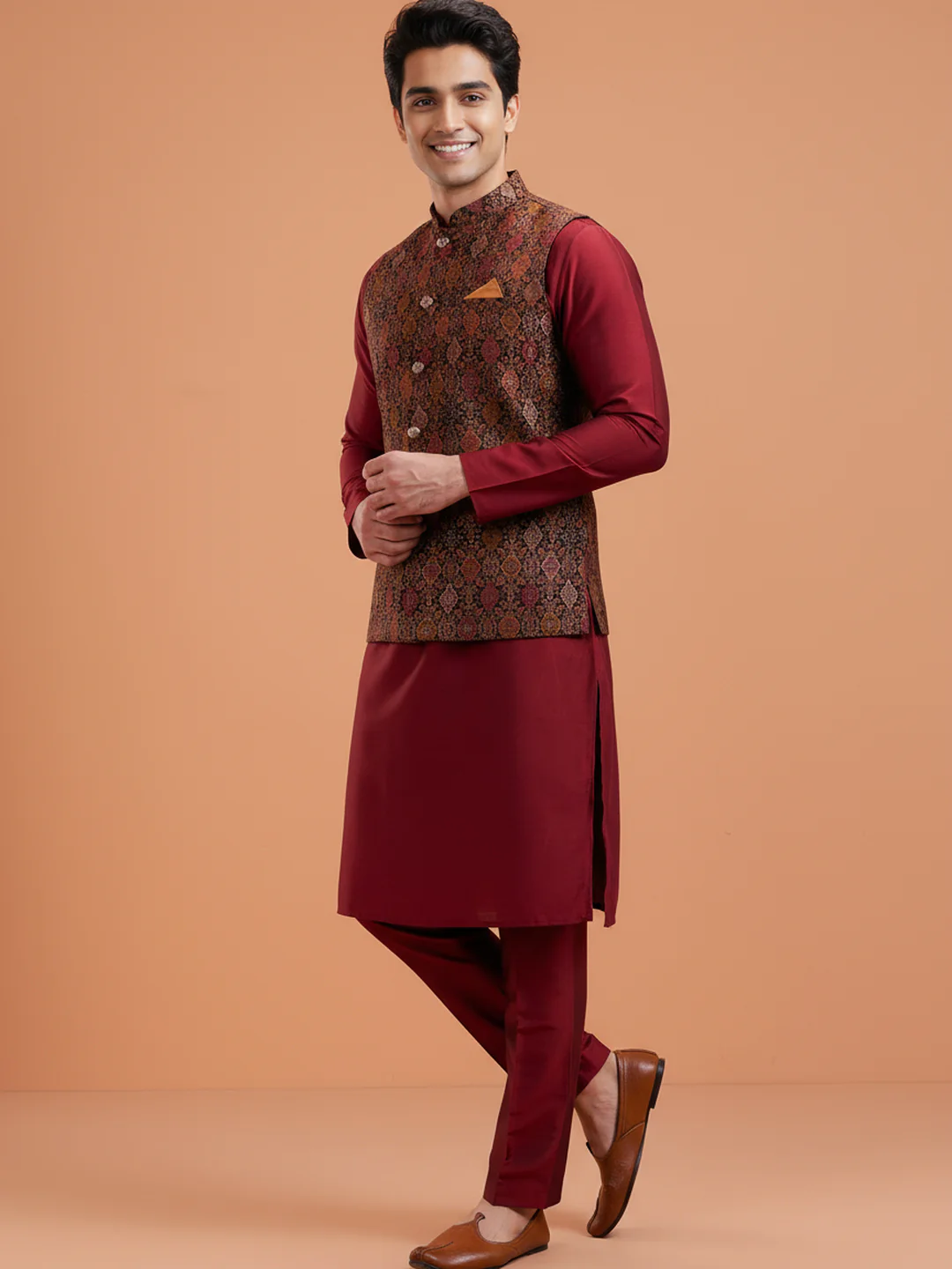 Maroon Kurta Jacket Trouser Set