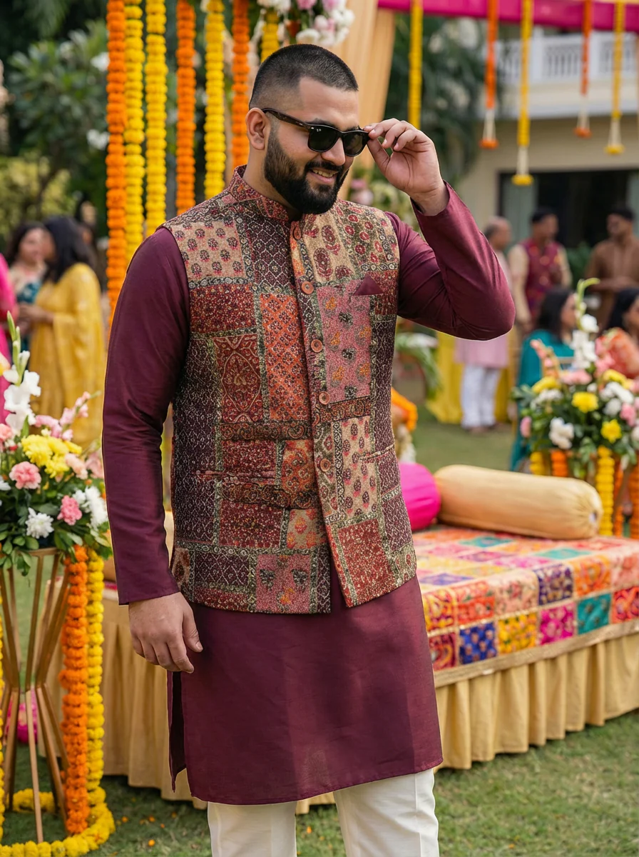 Maroon Multicolor Patchwork Printed Silk Blend Nehru Jacket