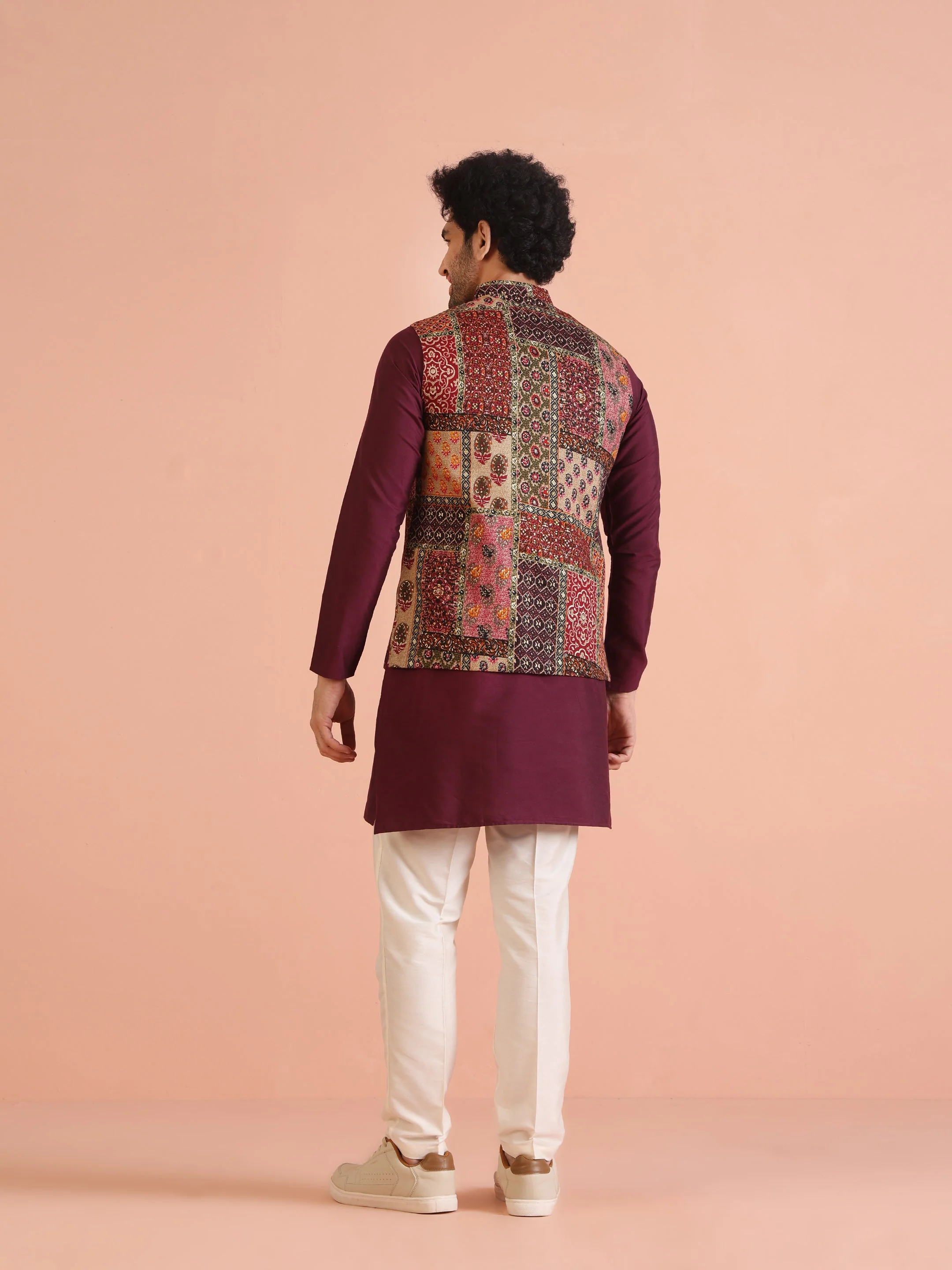 Maroon Multicolor Patchwork Printed Silk Blend Nehru Jacket - Image 4