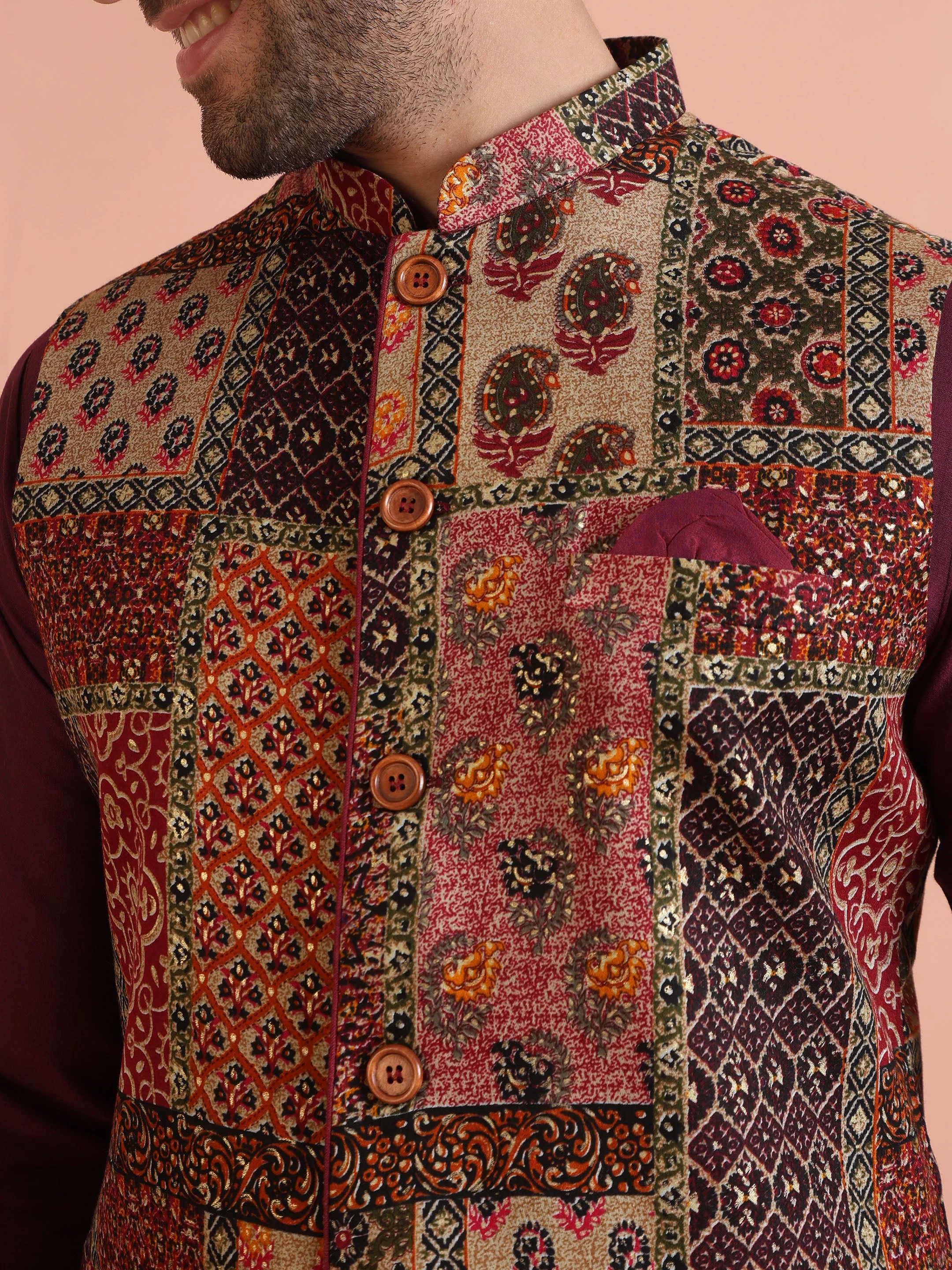 Maroon Multicolor Patchwork Printed Silk Blend Nehru Jacket - Image 7