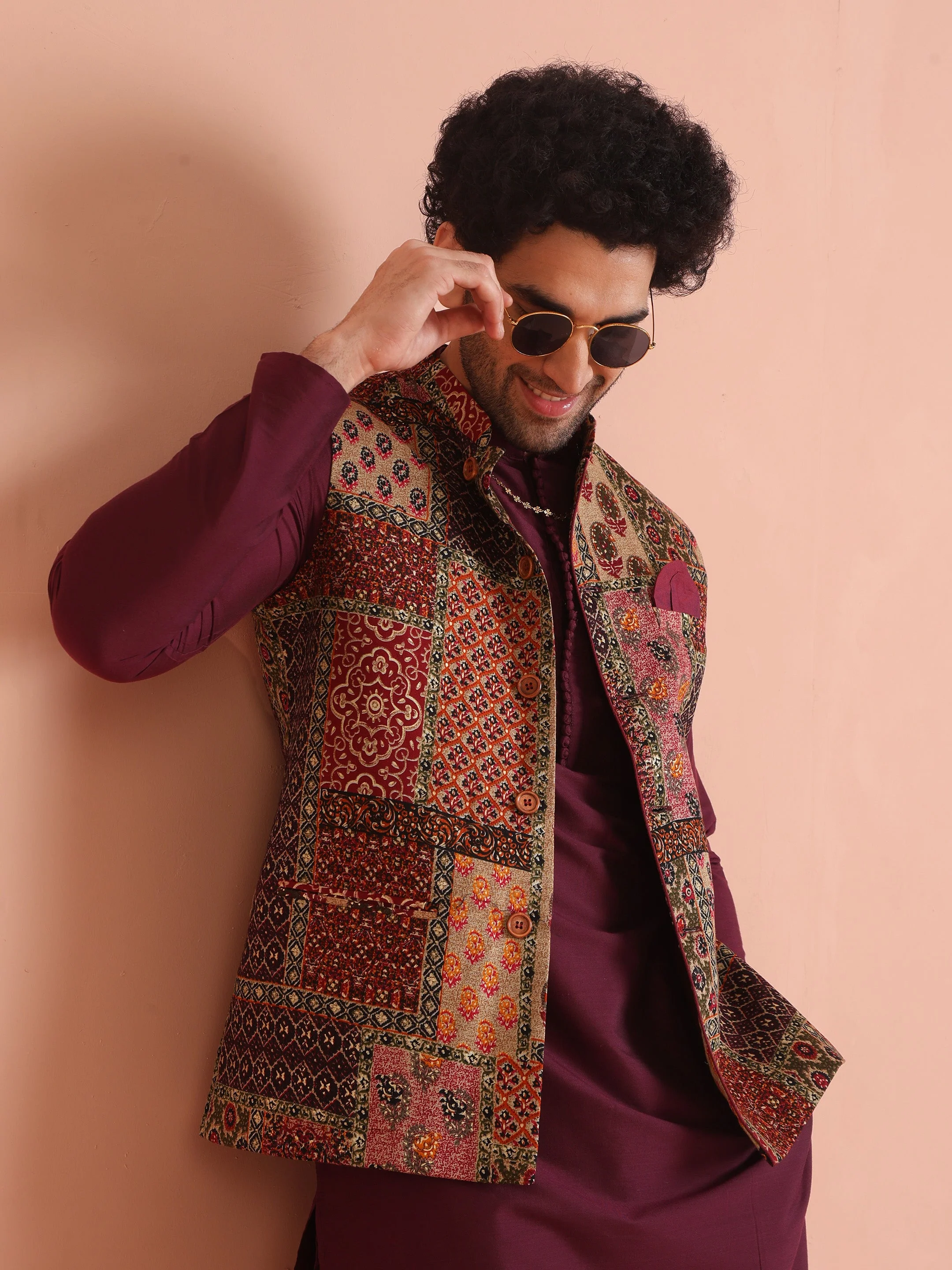 Maroon Multicolor Patchwork Printed Silk Blend Nehru Jacket - Image 8