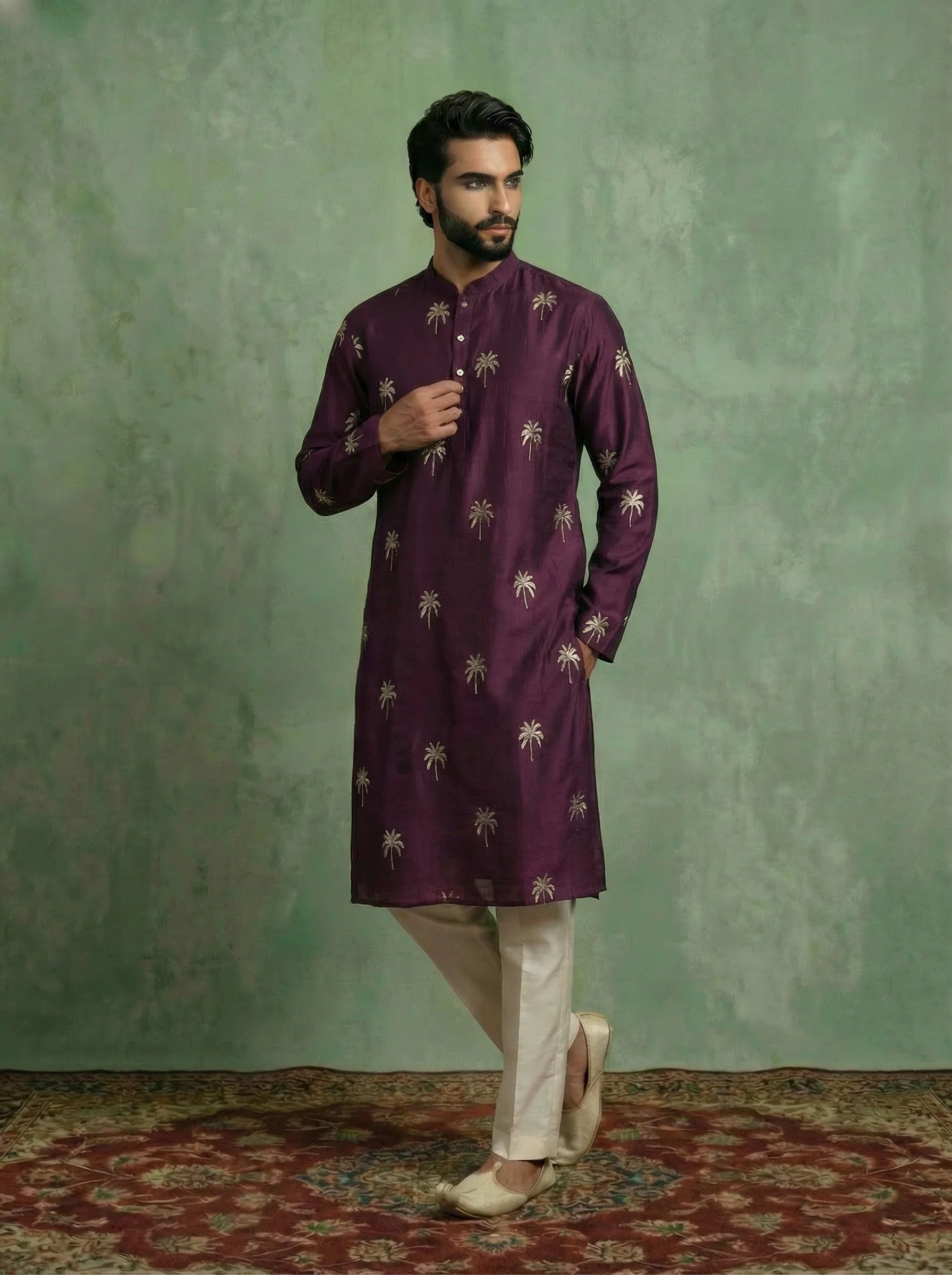Maroon Polyrayon Gold Printed Kurta