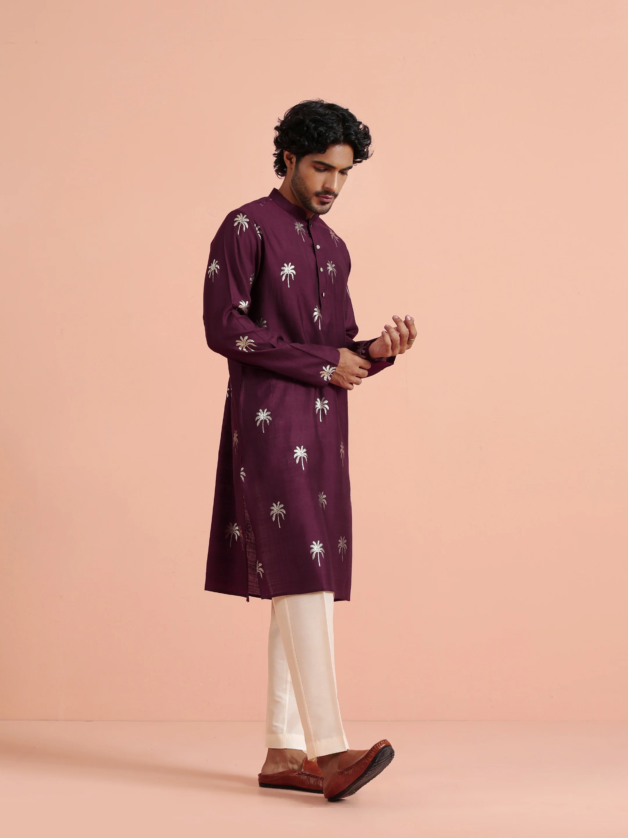 Maroon Polyrayon Gold Printed Kurta Trouser Set - Image 2