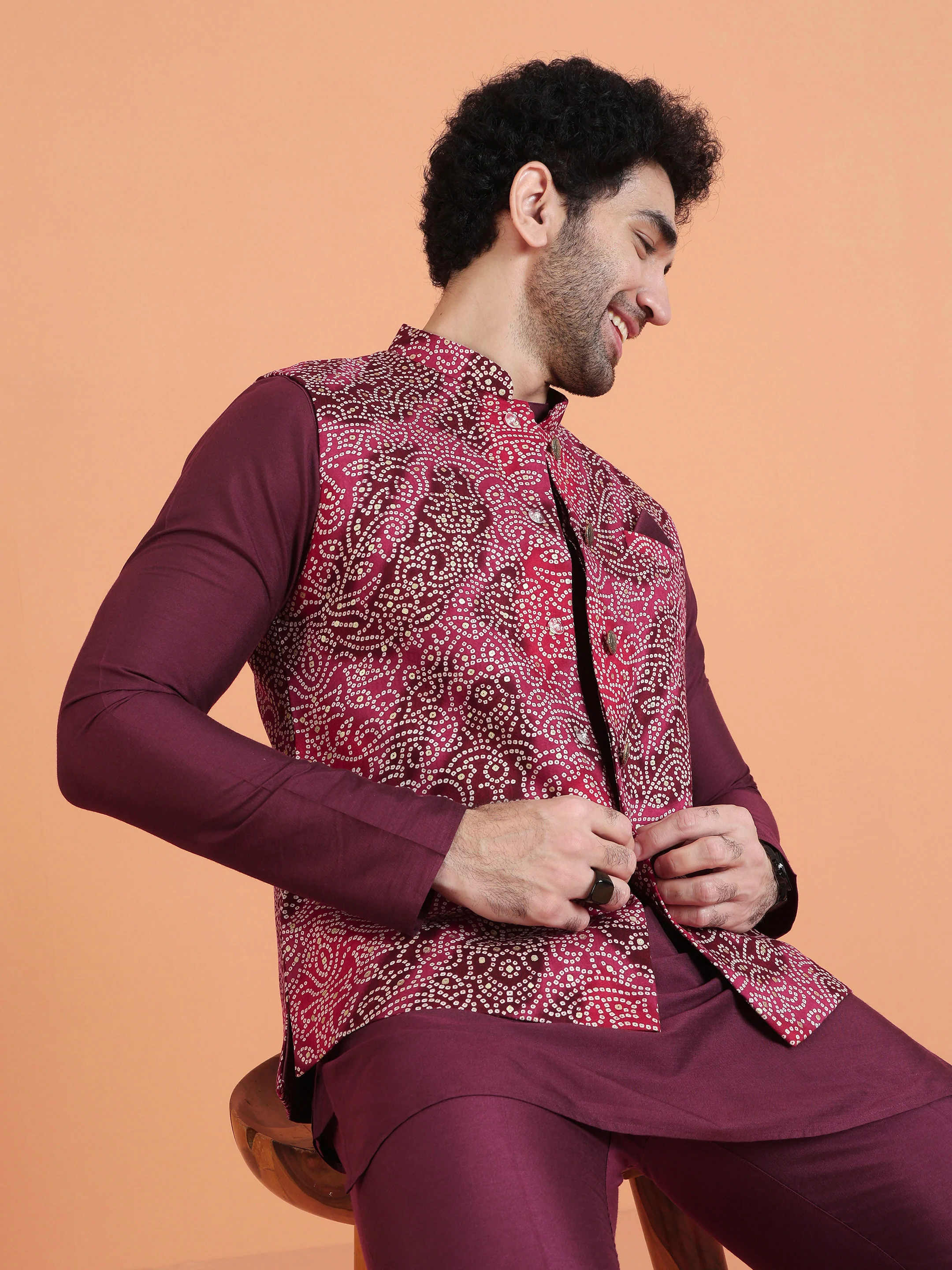 Magenta Silk Blend Printed Nehru Jacket