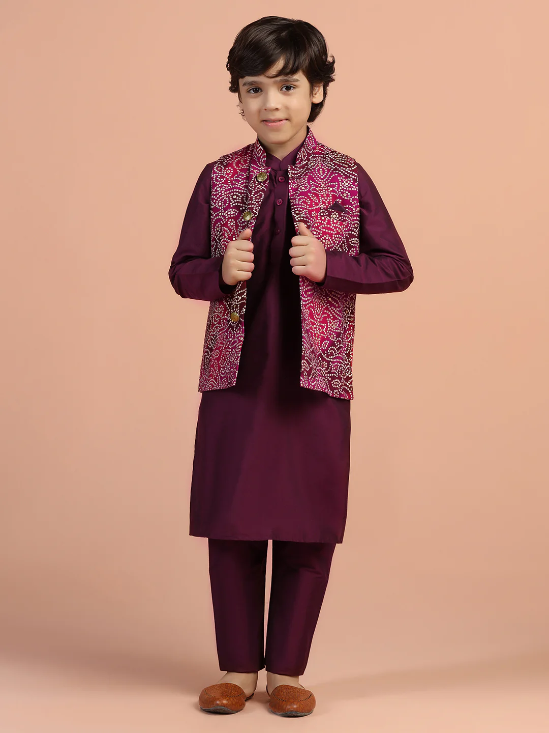 Maroon Printed Jacket Kurta Set for Kids