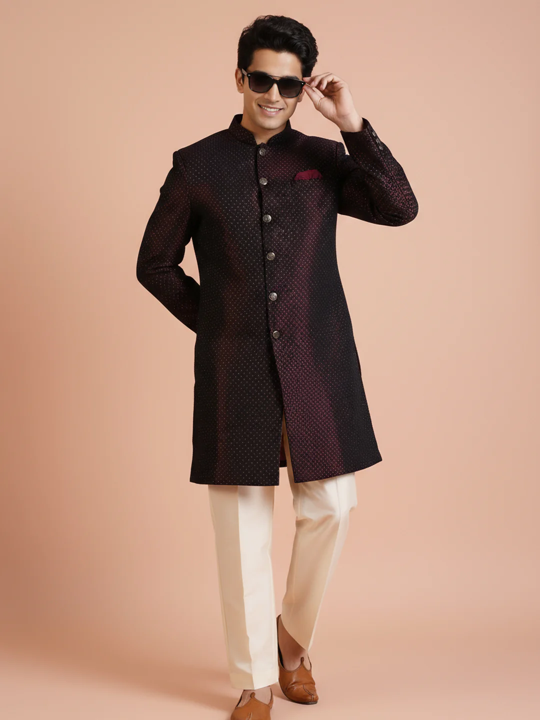 Maroon Self-Pattern Sherwani Trouser Set