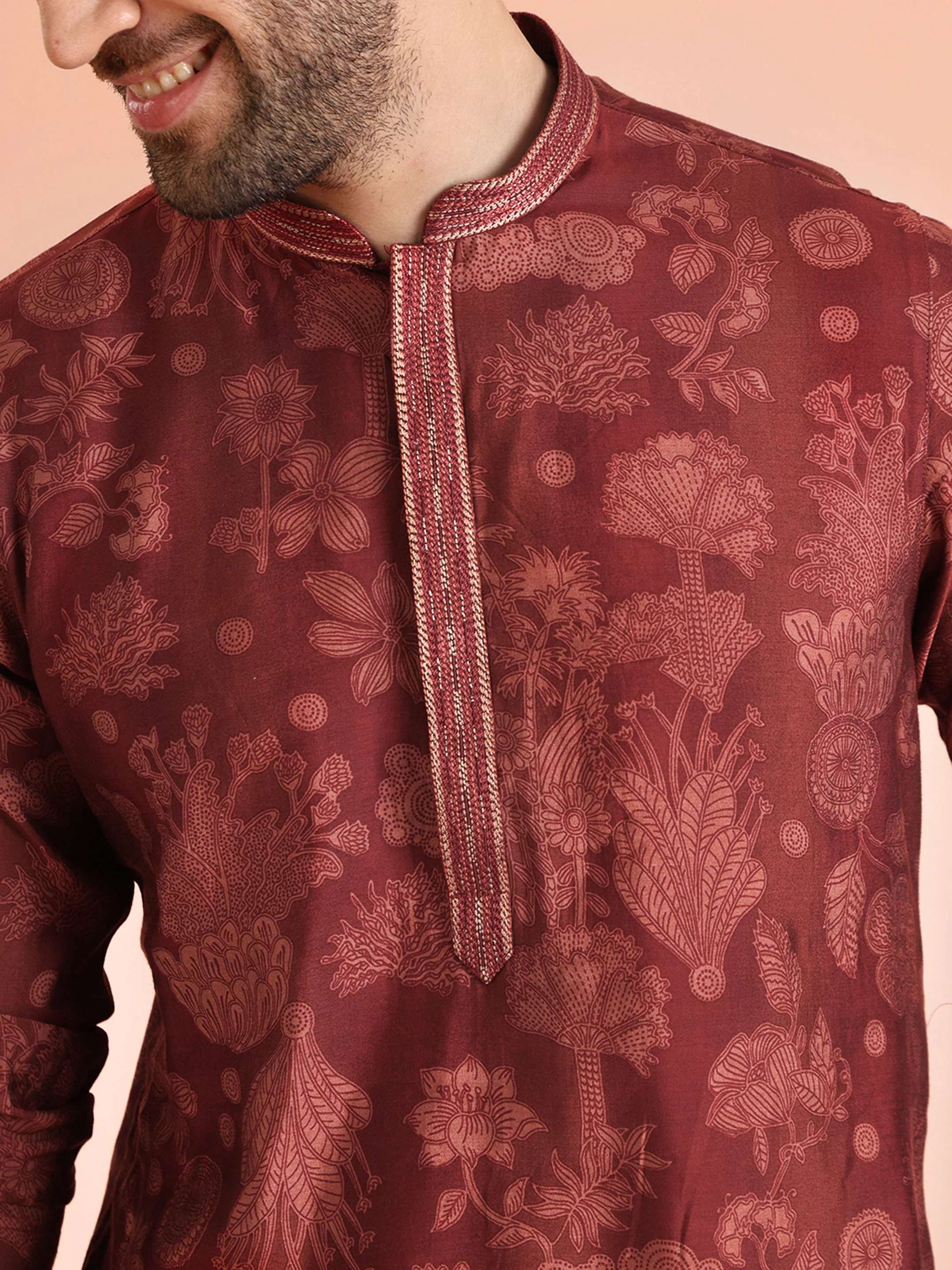 Maroon Silk Blend Floral Printed Kurta - Image 5