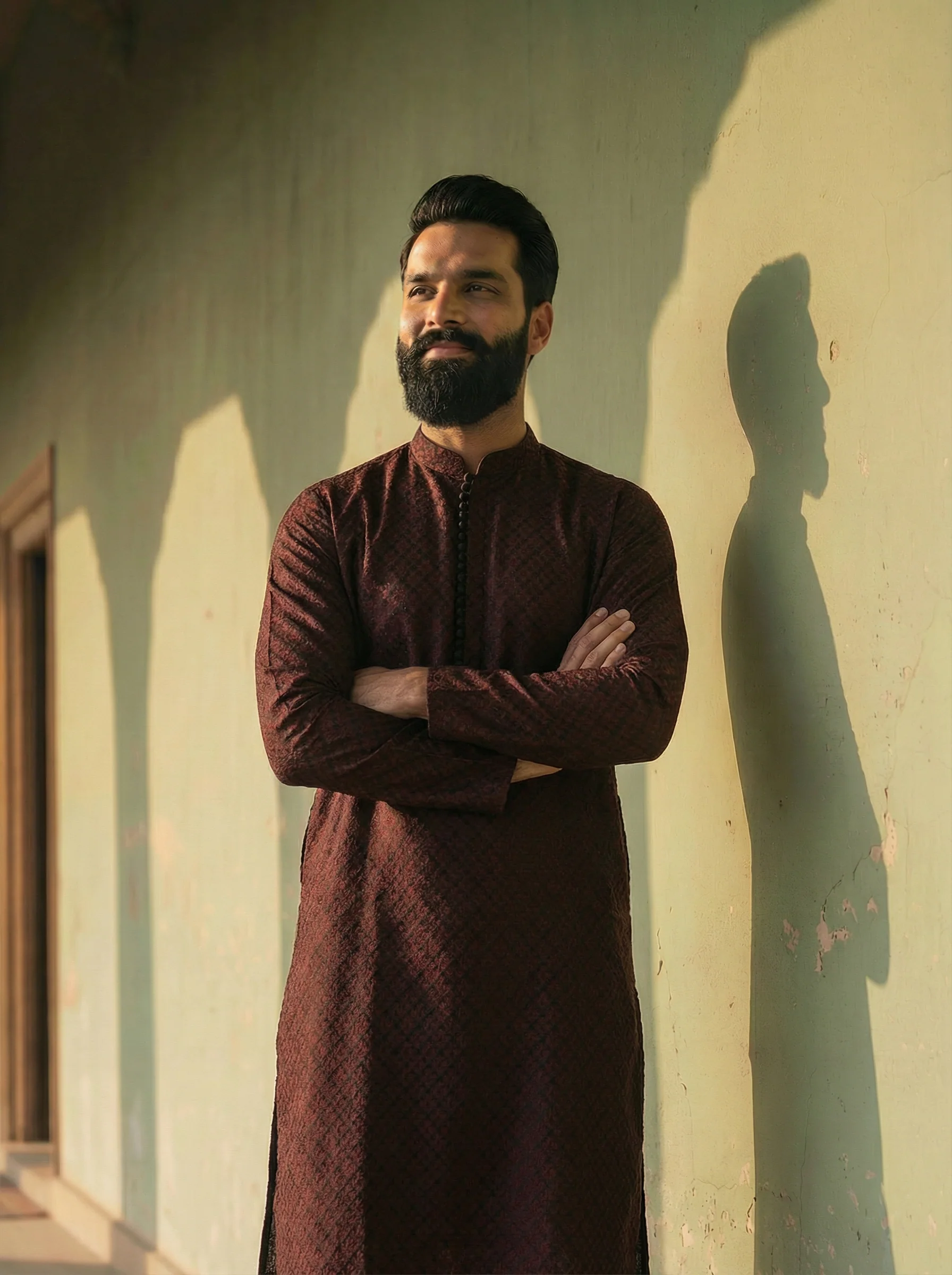 Maroon Silk Blend Textured Kurta