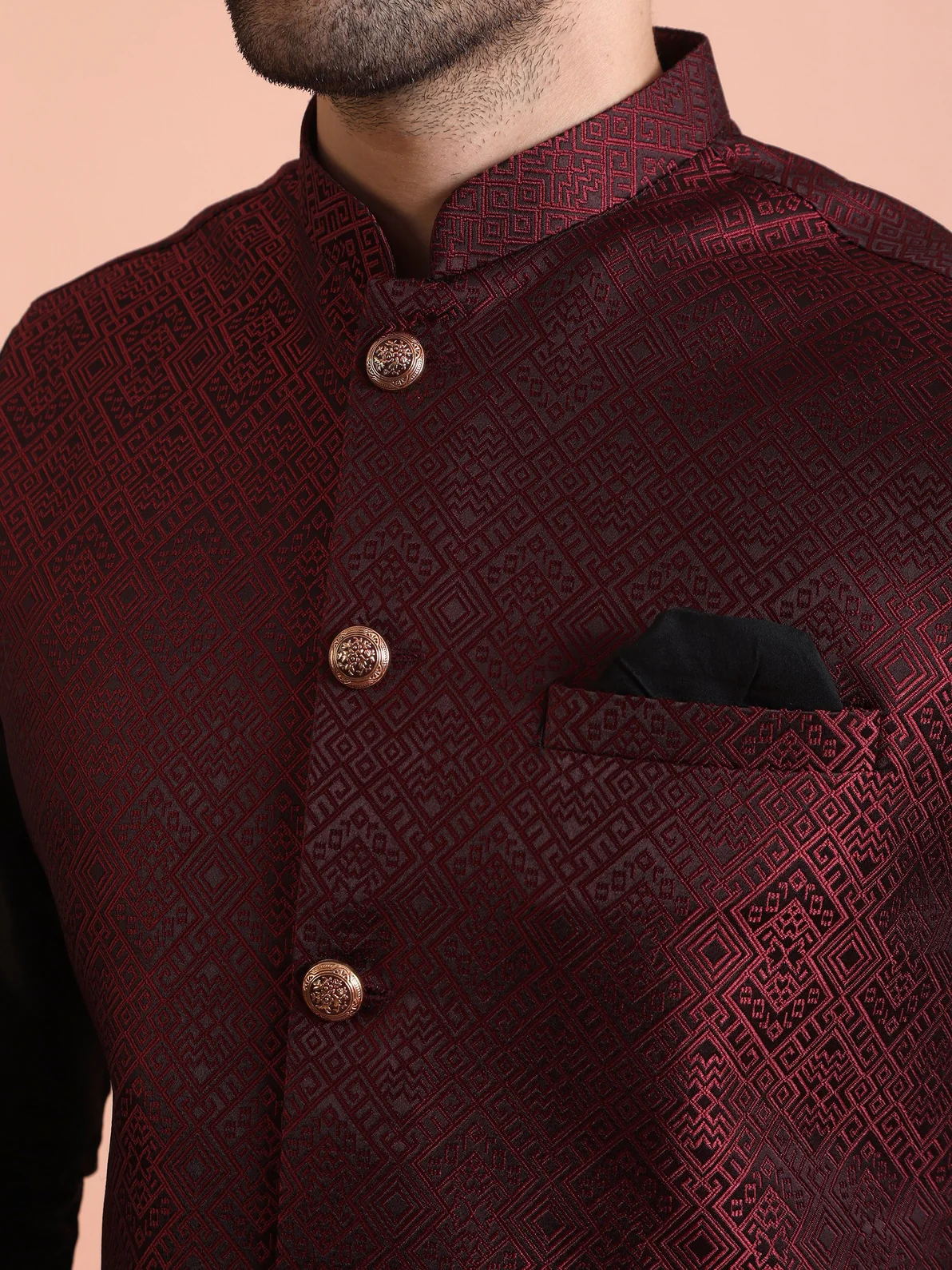 Maroon Silk Blend Textured Mid Kurta Jacket Wide Leg Trouser Set - Image 4