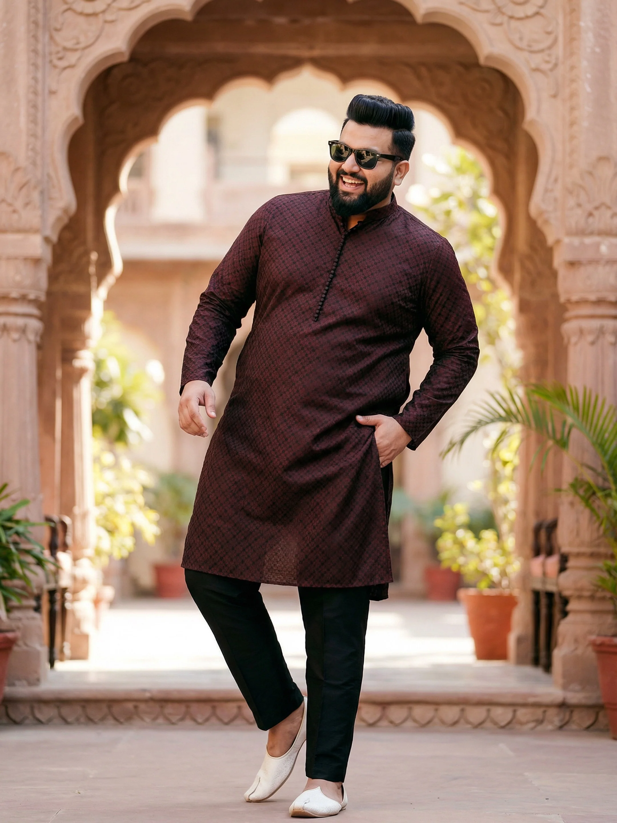 Maroon Silk Blend Woven Long Kurta