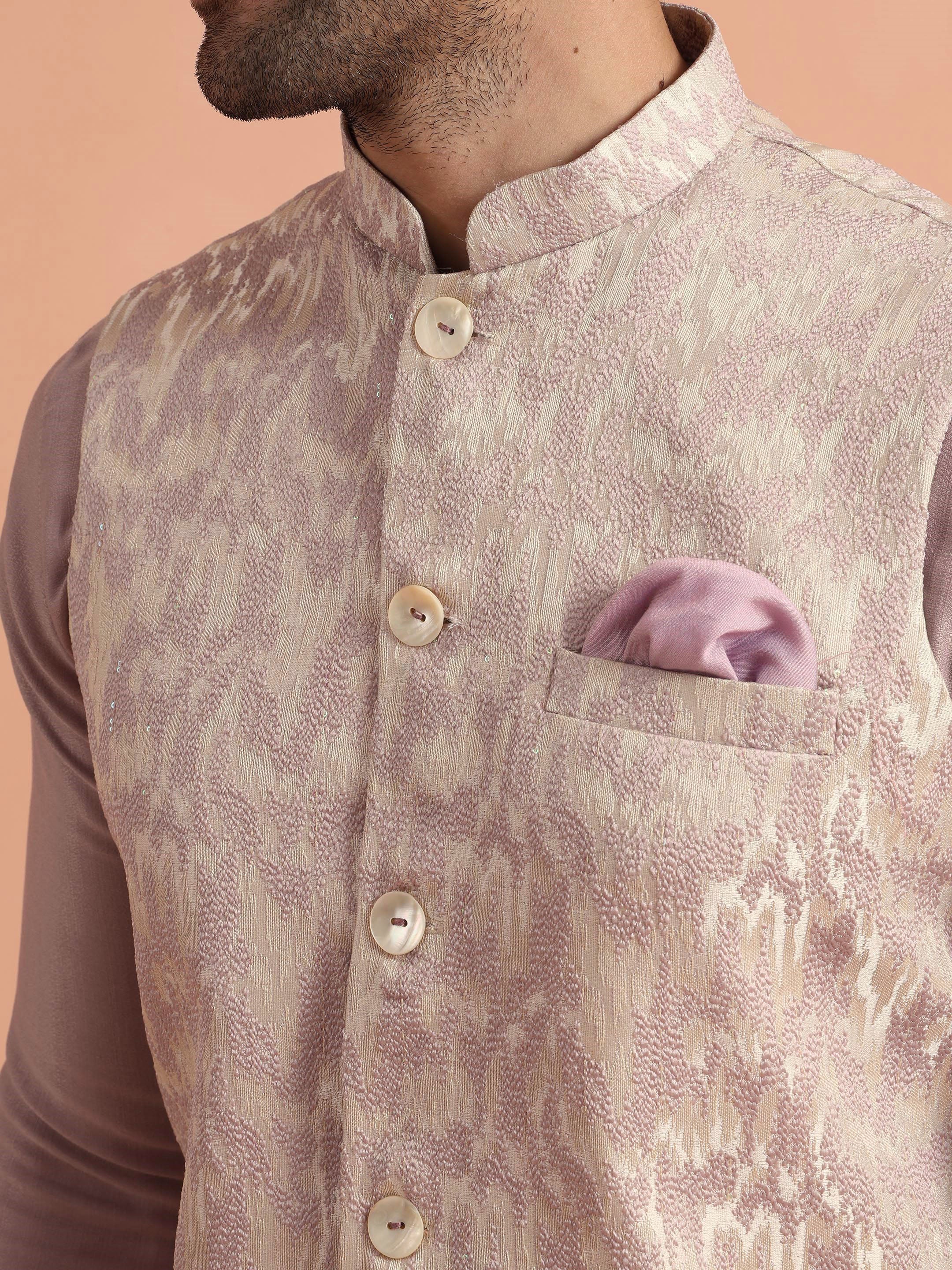 Mauve Jacquard Kurta Jacket Trouser Set - Image 5