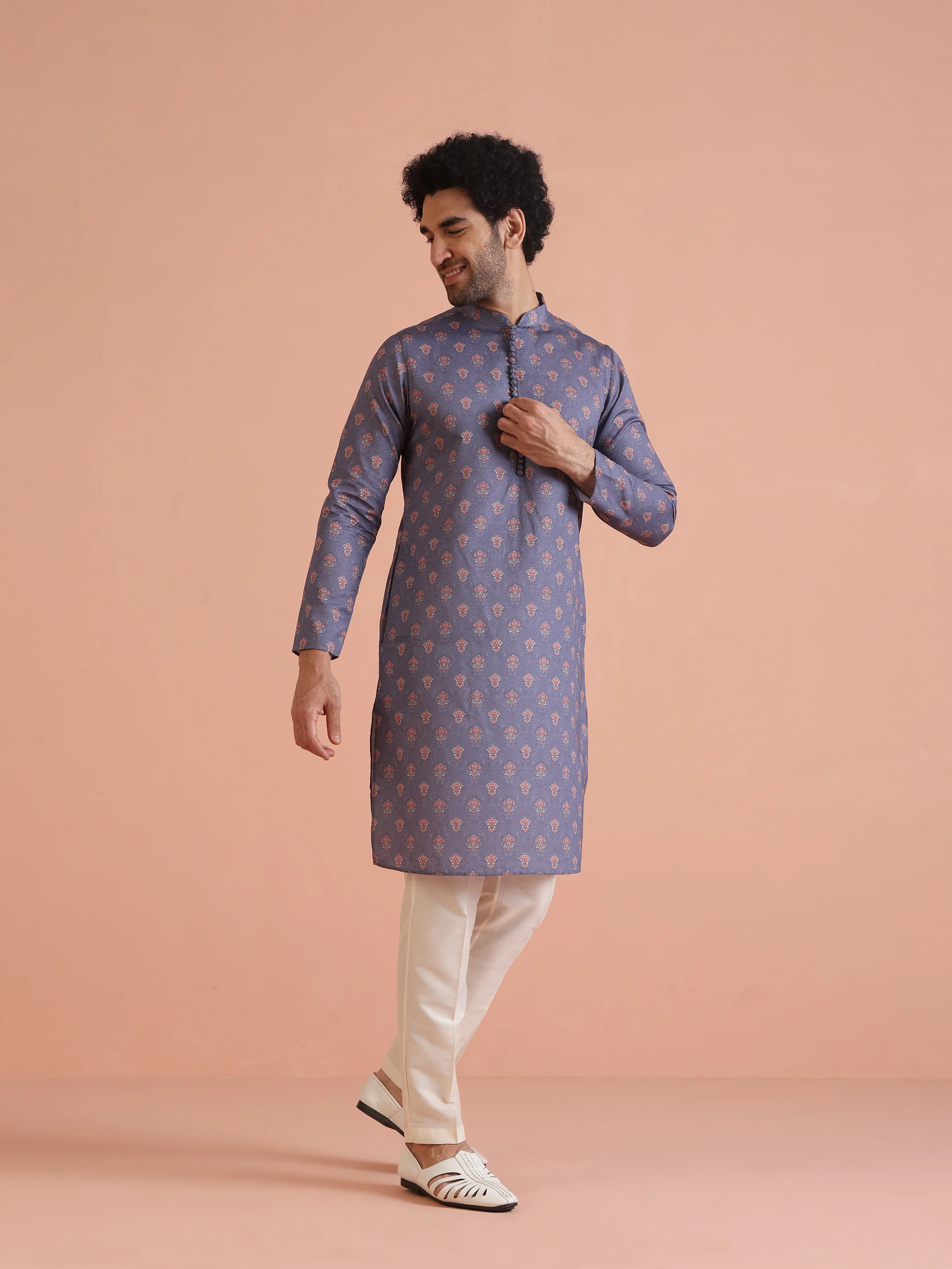 Mauve Silk Blend Printed Long Kurta - Image 3