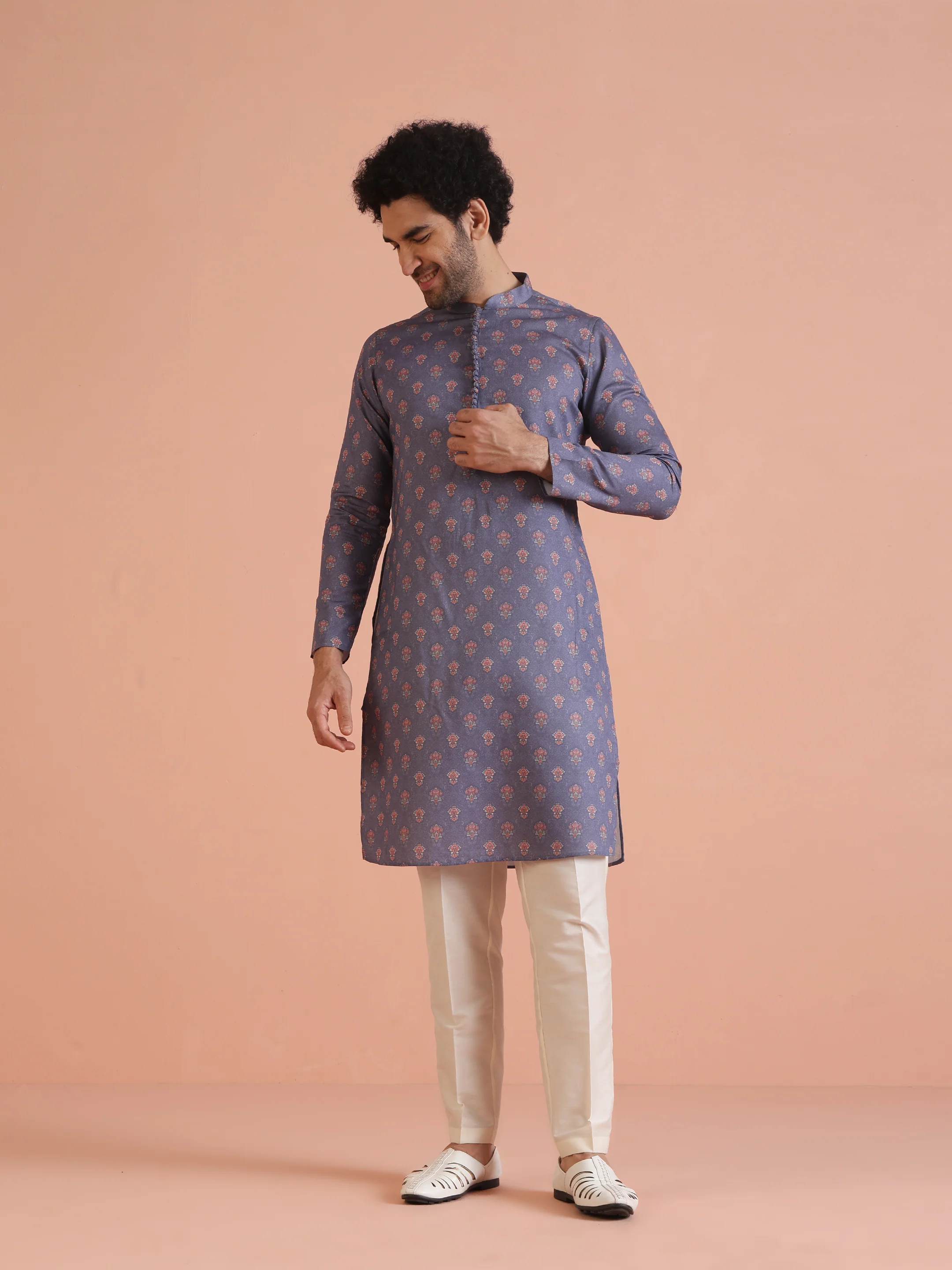 Blue Cotton Silk Printed Kurta with Cream Trouser - Image 8