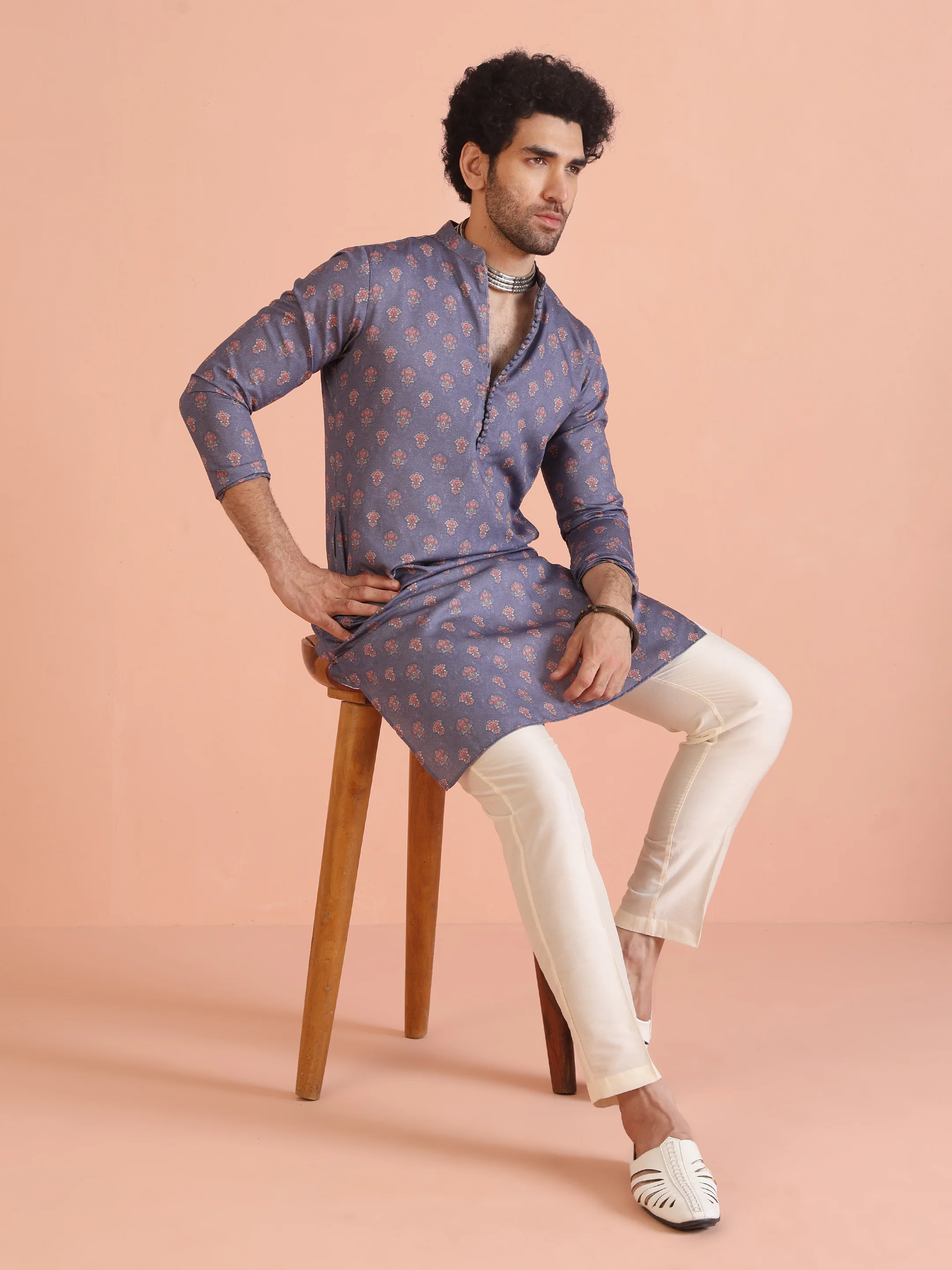 Blue Cotton Silk Printed Kurta with Cream Trouser