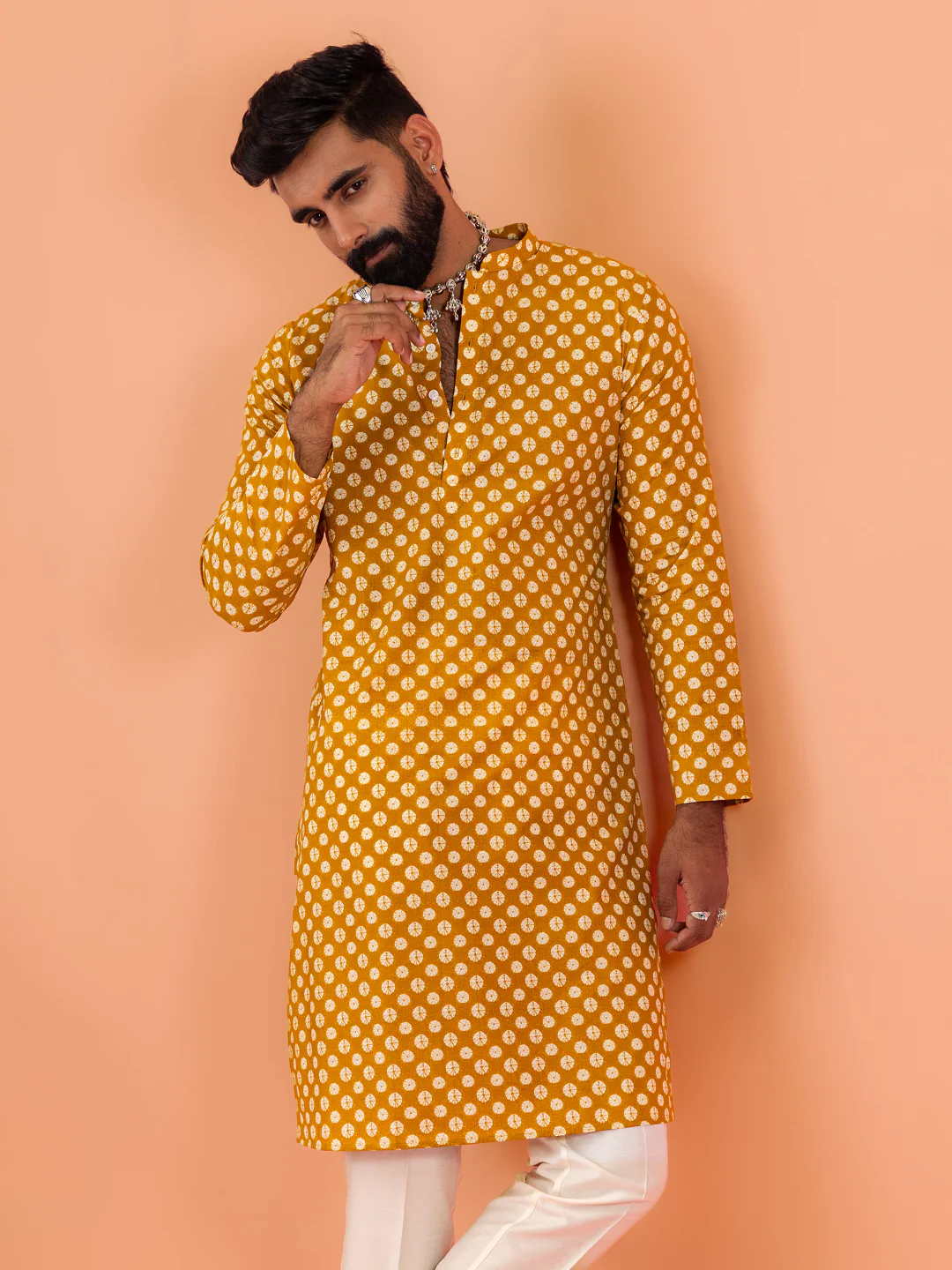 Men Mustard Tie & Dye Printed Kurta