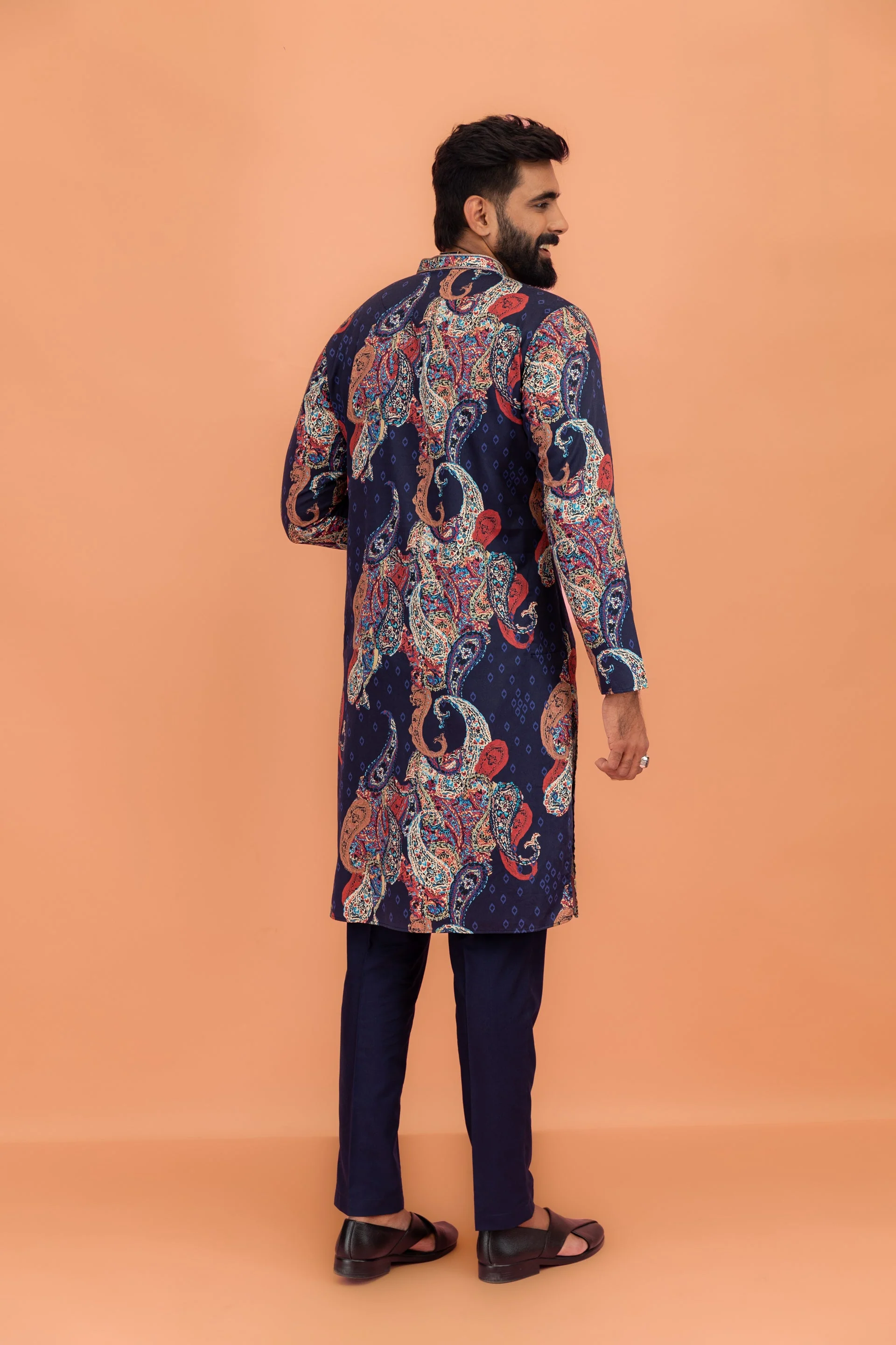 Men Navy Blue Multi-Color Paisley Printed Kurta Trouser Set - Image 5
