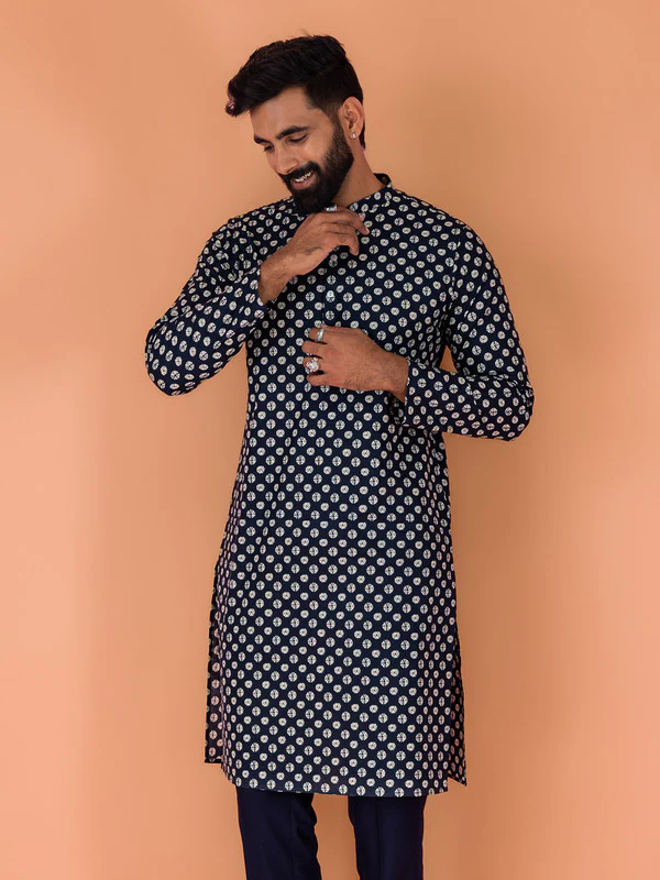 Men Navy Blue Tie & Dye Printed Kurta