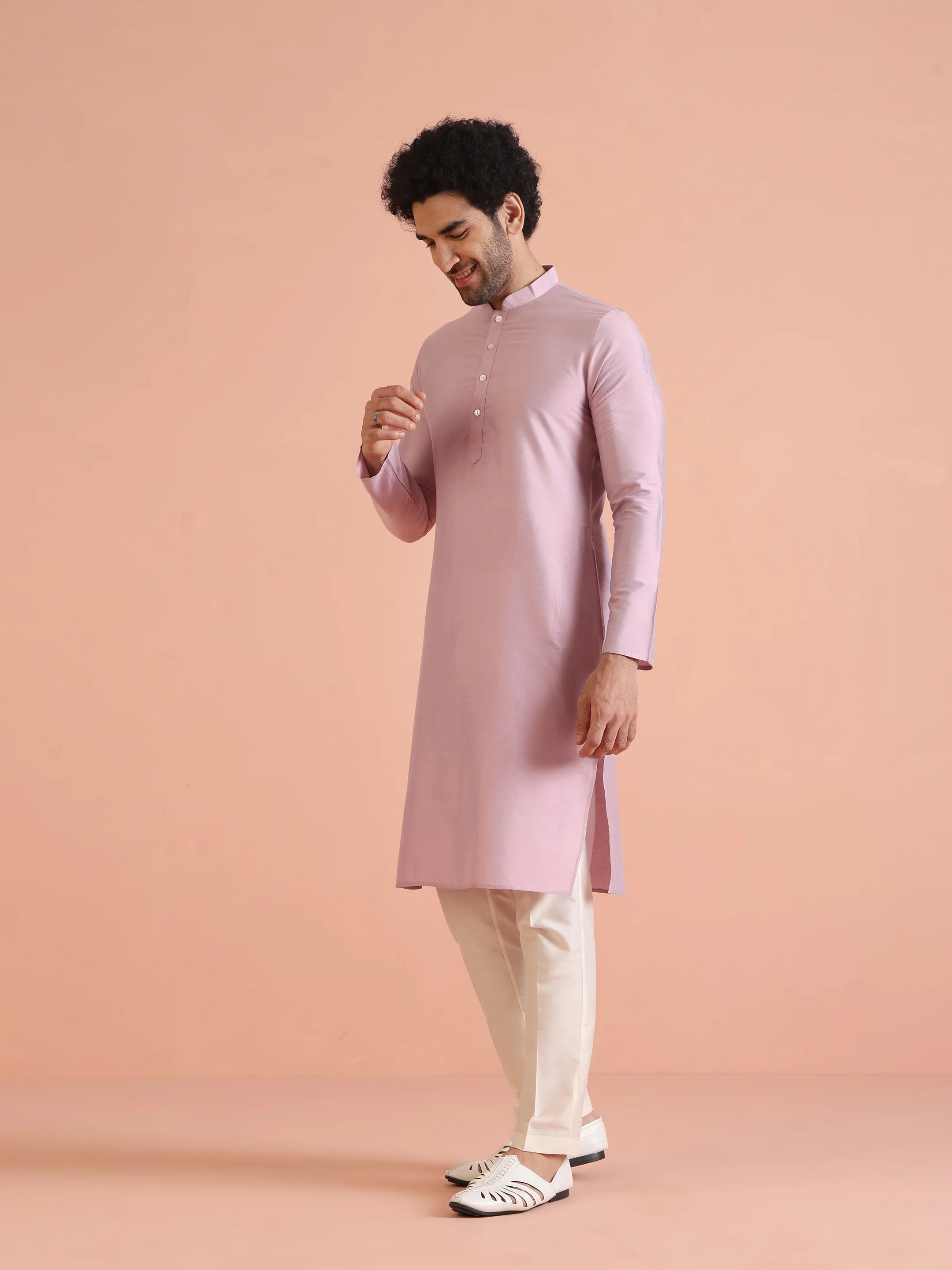 Light Pink Cotton Silk Kurta Trouser Set â€“ Solid Ethnic Outfit â€“ Festive Minimal Wear - Image 3
