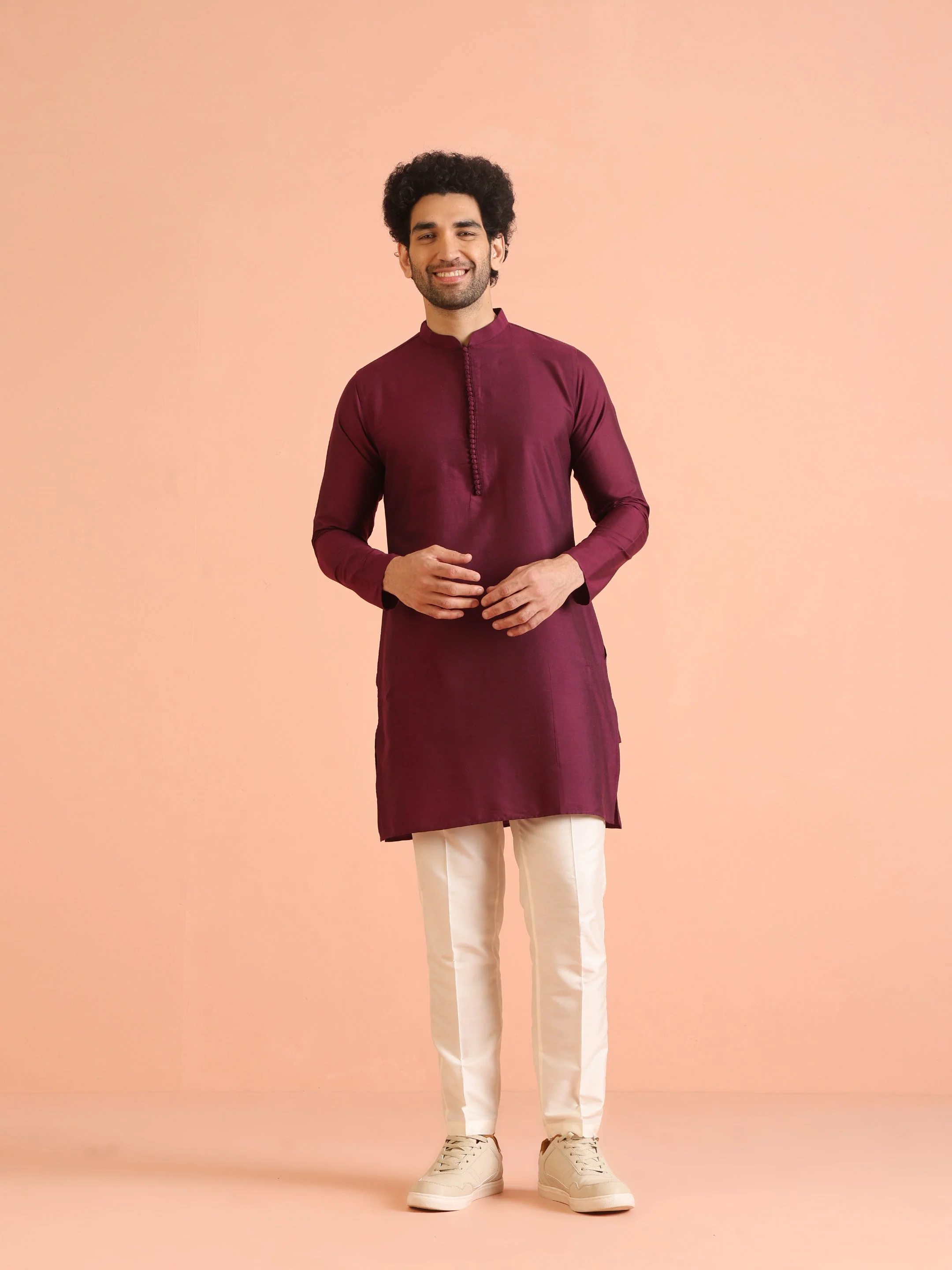 Men’s Maroon Solid Kurta Set with Cream Trouser – Elegant Festive Ethnic Wear - Image 8