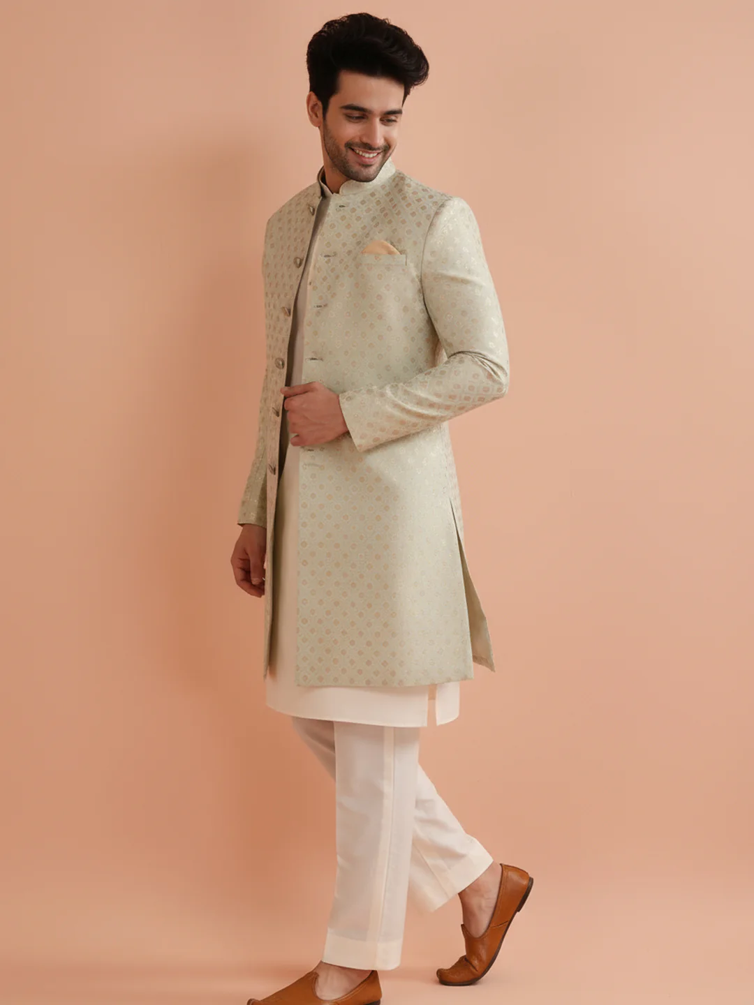 Mint Green Brocade Sherwani Trouser Set - Image 3