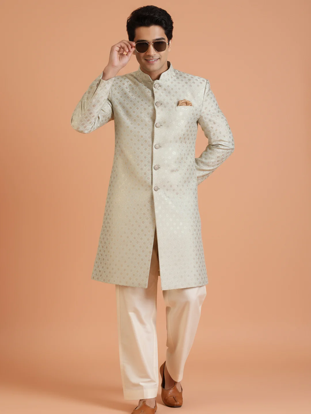 Mint Mint Green Jacquard Sherwani Trouser Set