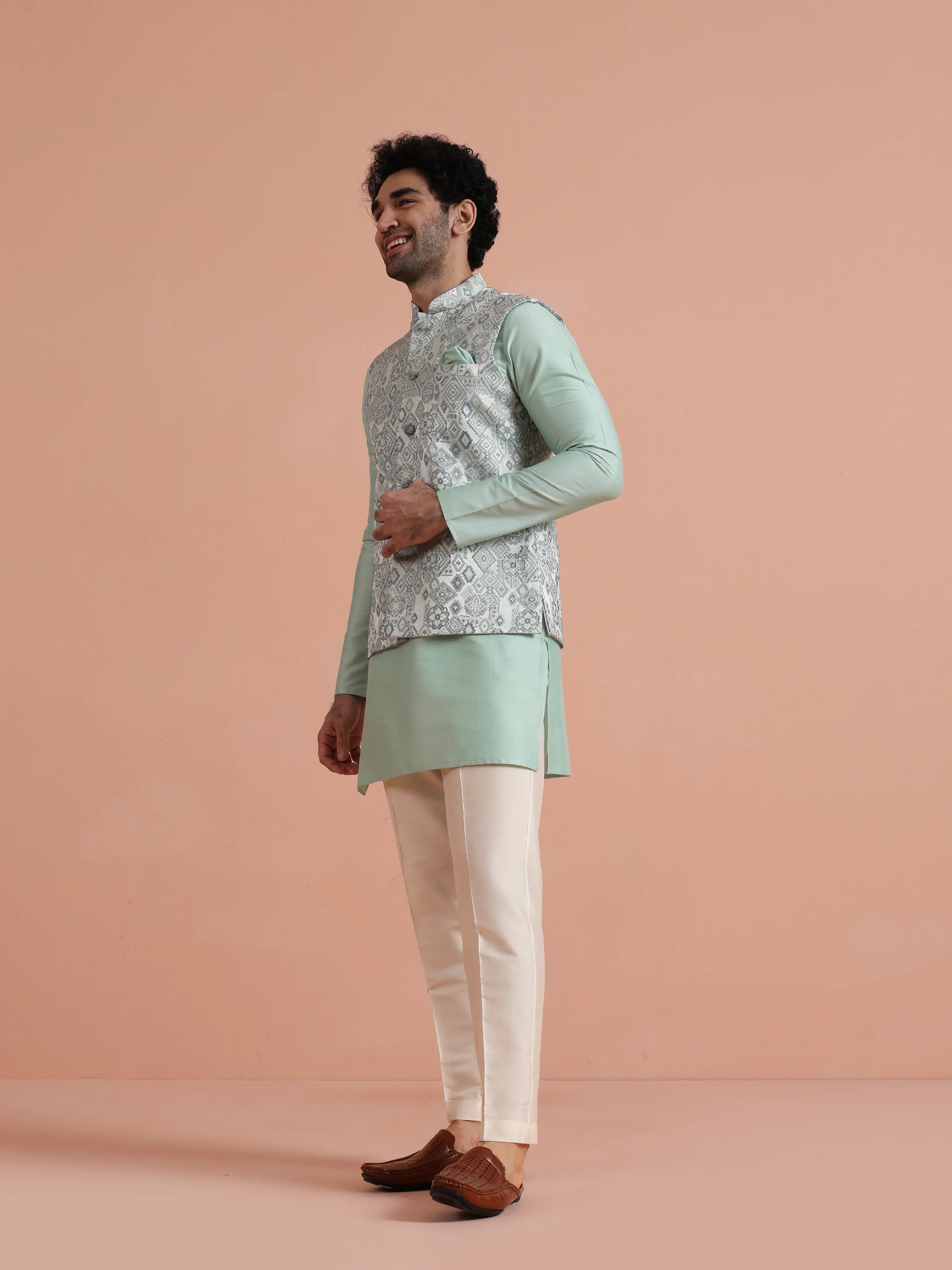 Mint Green Printed Nehru Jacket – Traditional Sleeveless Ethnic Waistcoat - Image 3