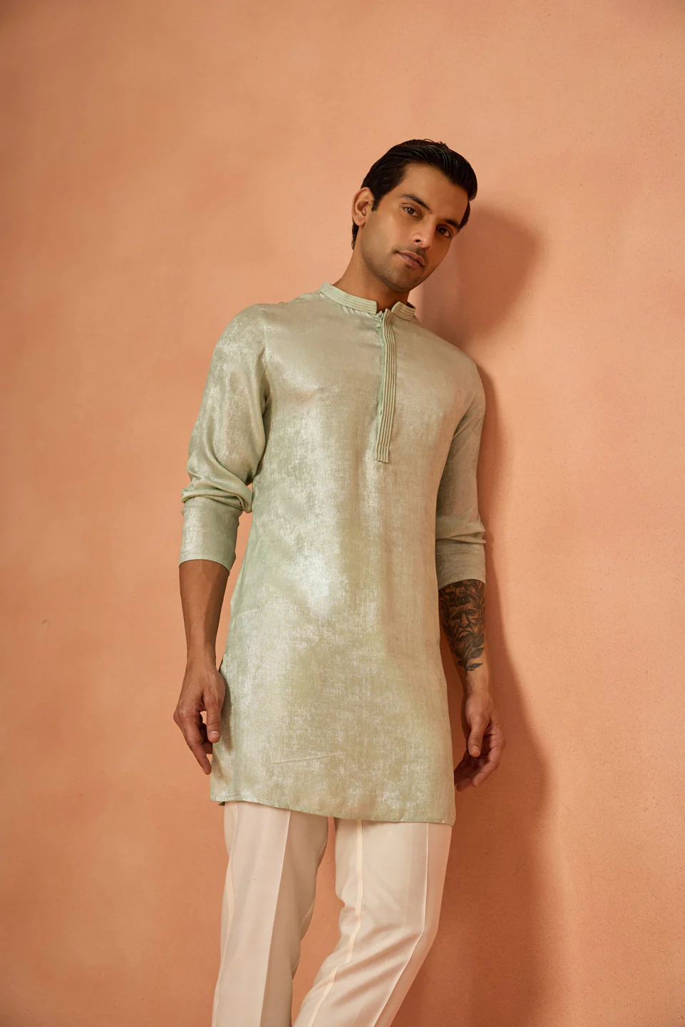 Mint Green Silk Blend Solid Mid Kurta