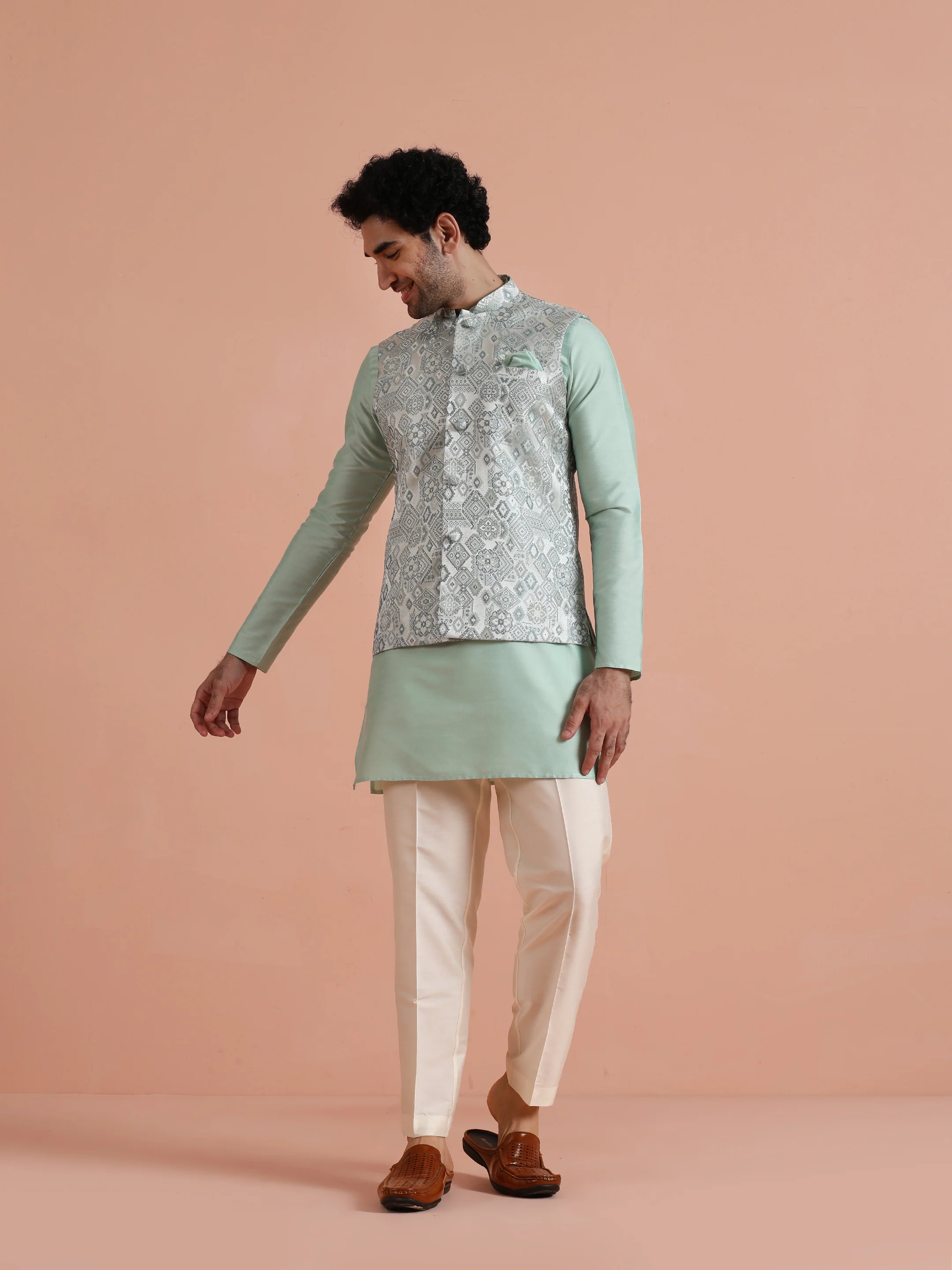 Mint Green Velvet Kurta Jacket Set