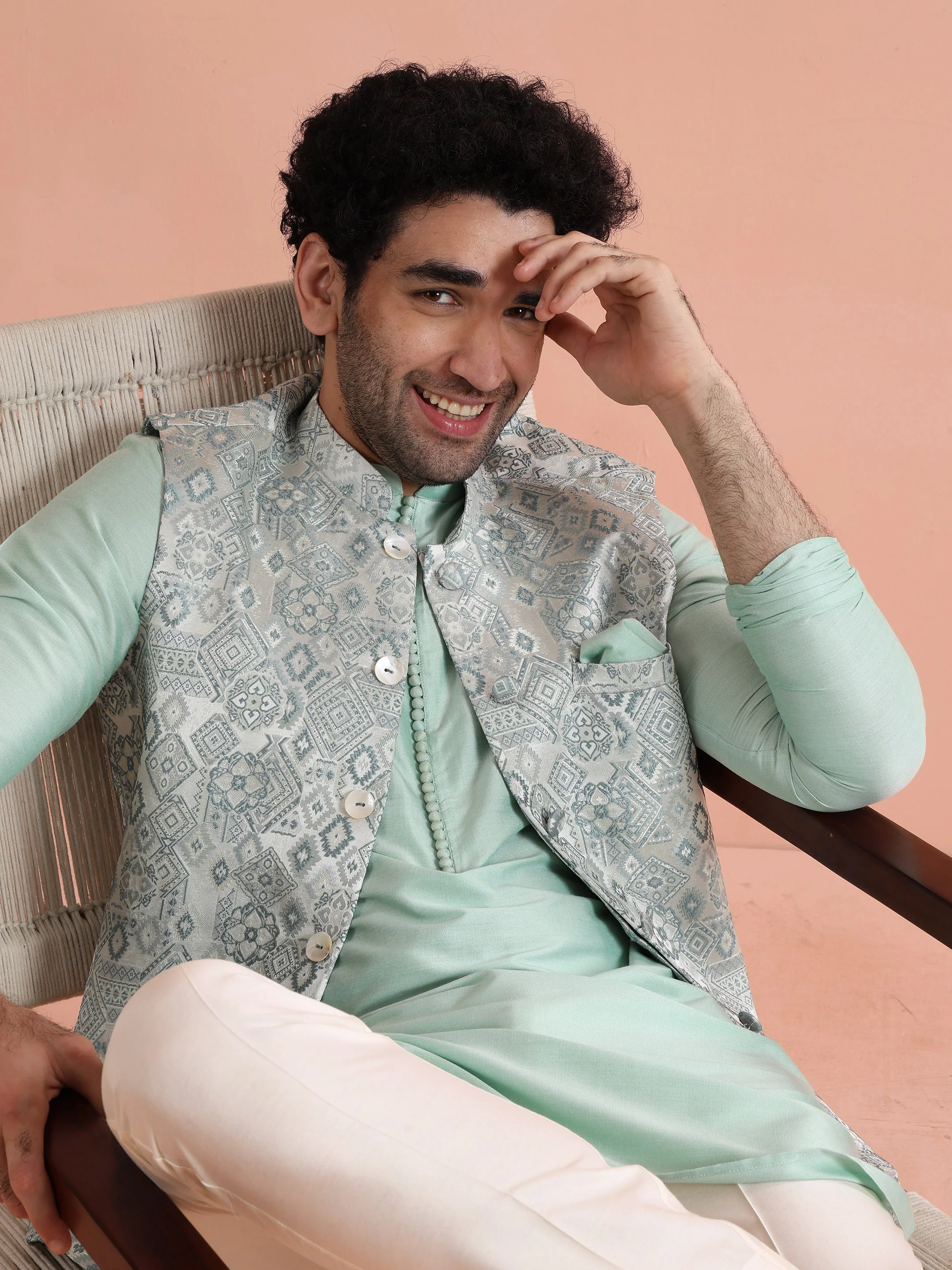 Mint Green Velvet Kurta Jacket Set - Image 10