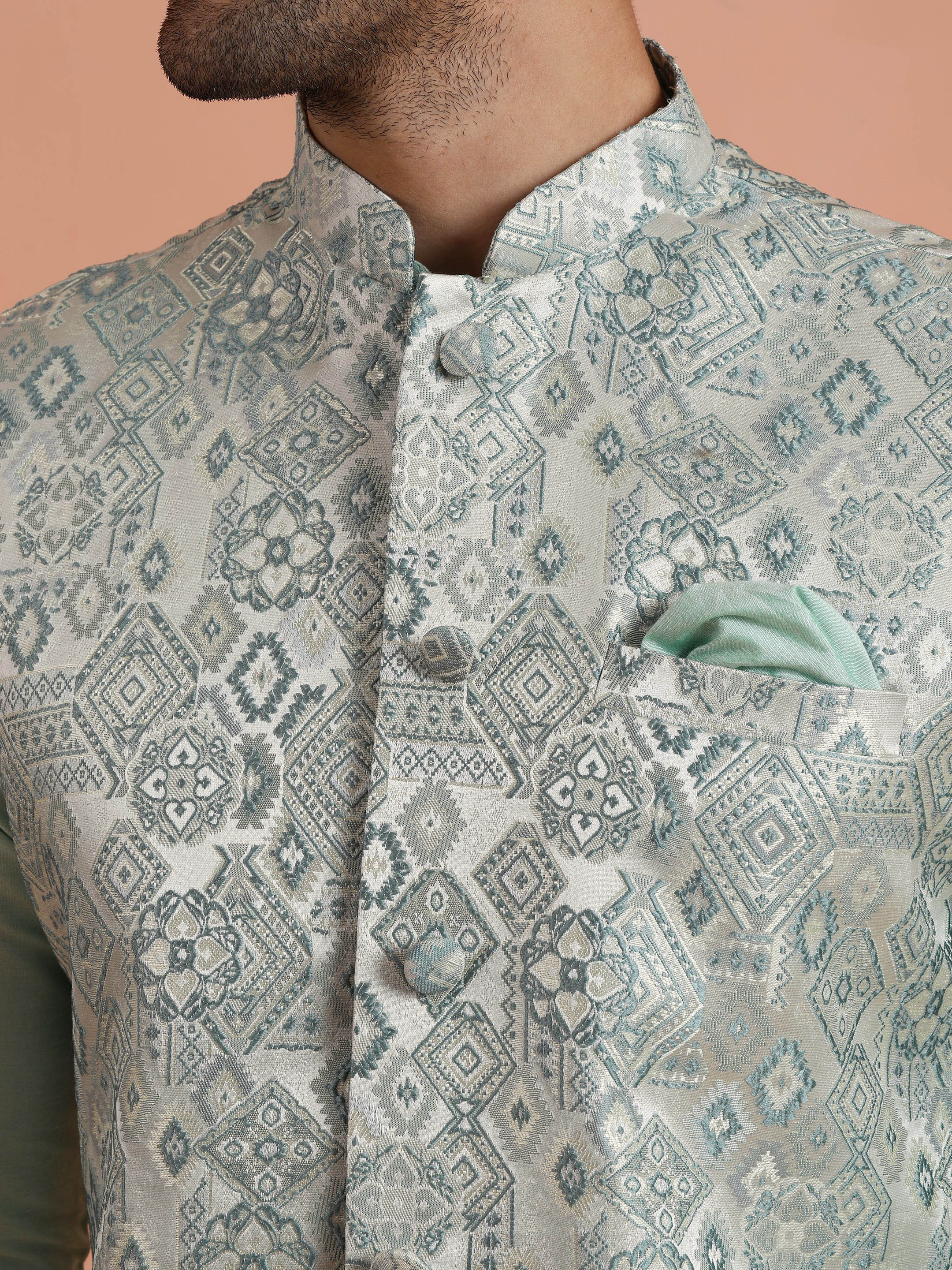 Mint Green Velvet Kurta Jacket Set - Image 5