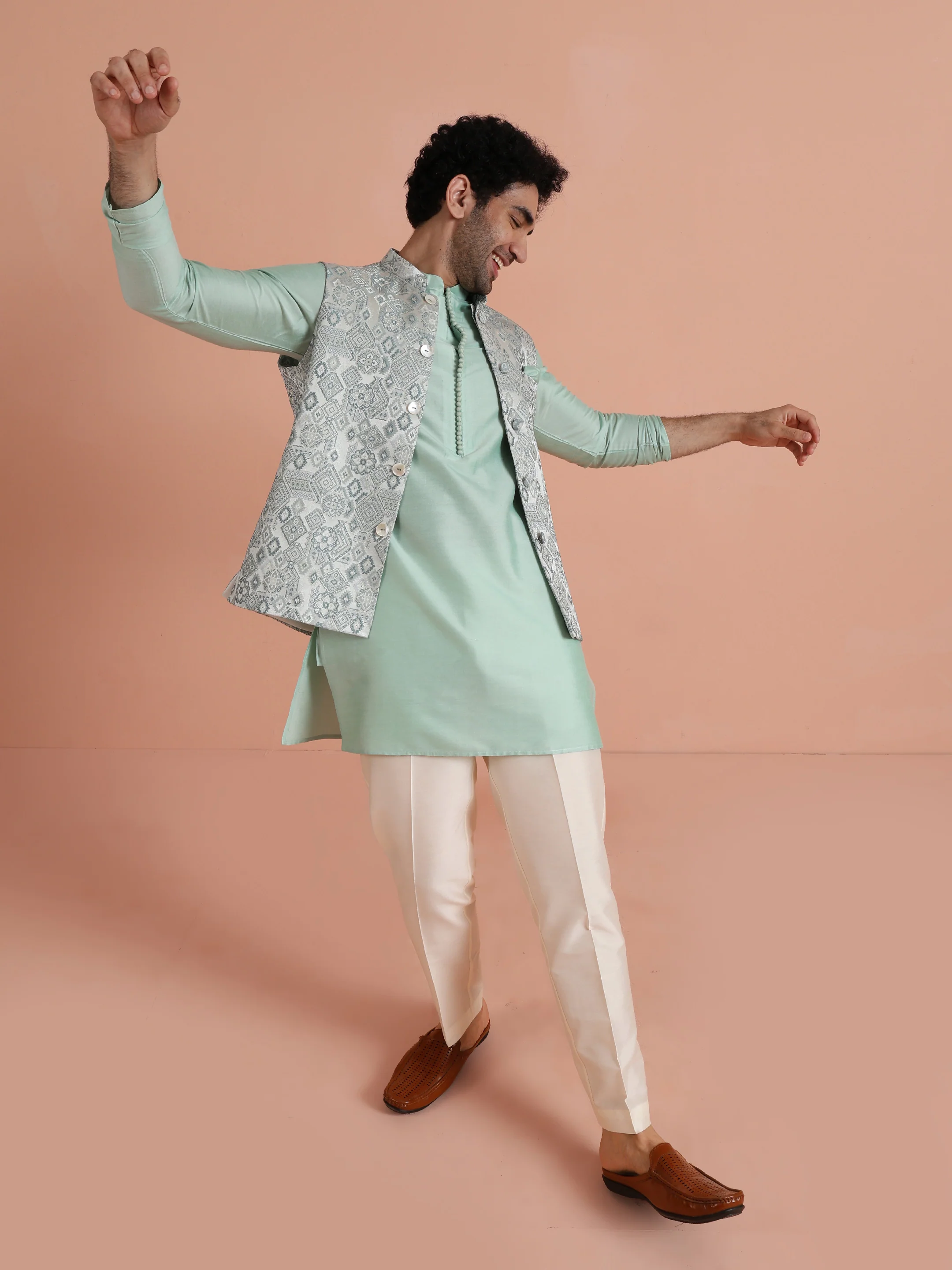 Mint Green Velvet Kurta Jacket Set - Image 8