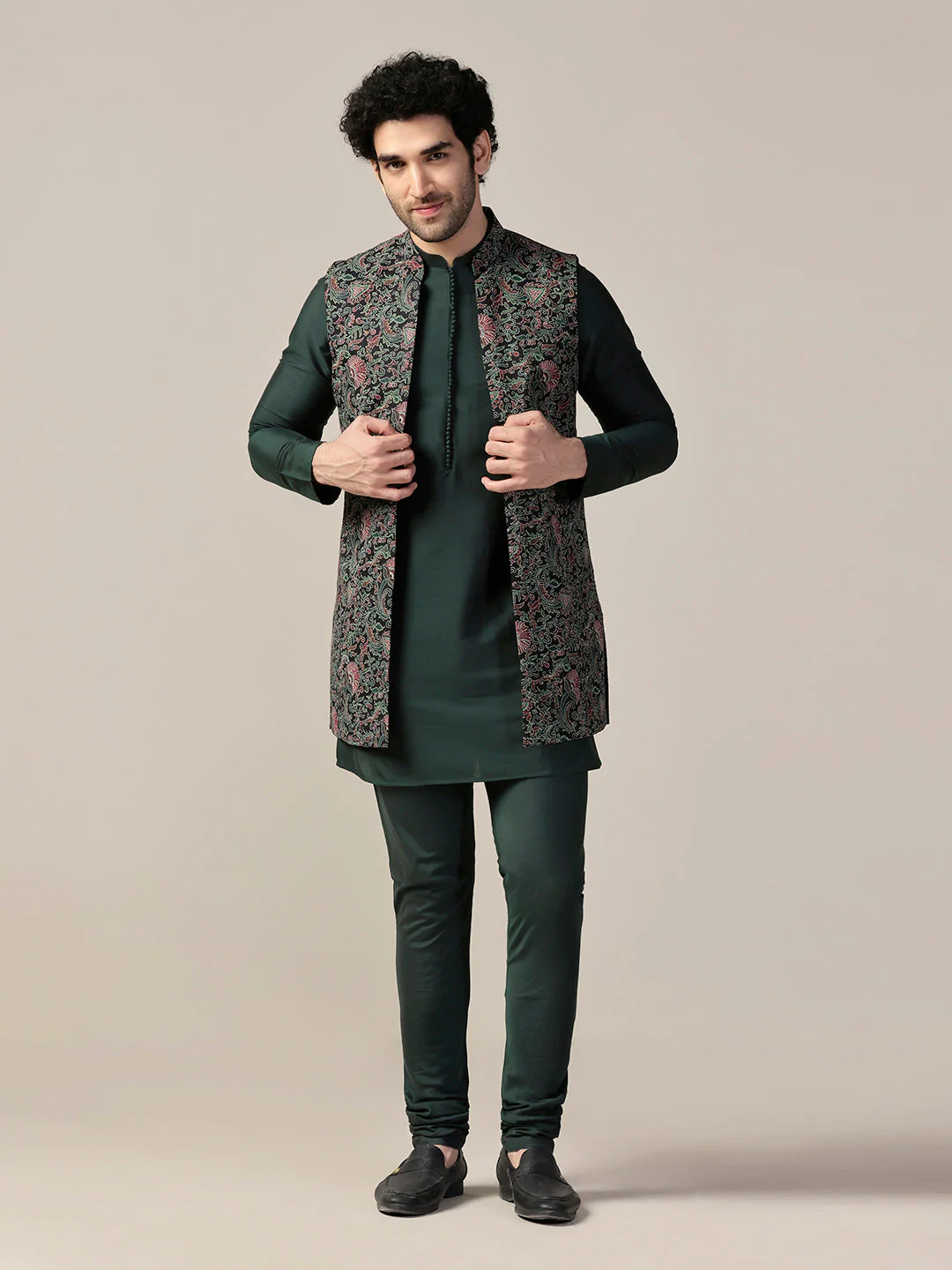 Multi Color Silk Blend Printed Nehru Jacket Set