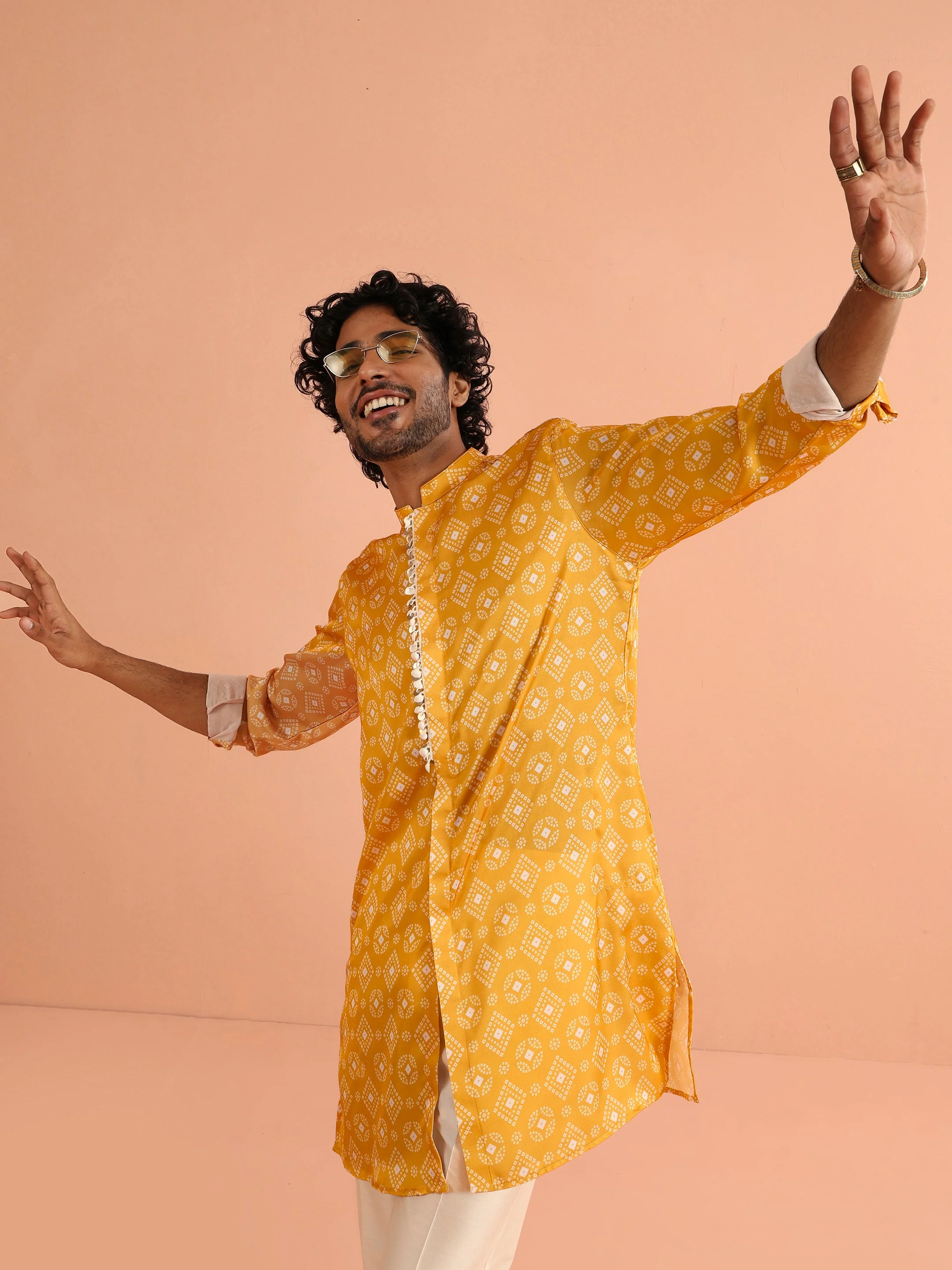 Mustard Bandhani Printed Mid Kurta