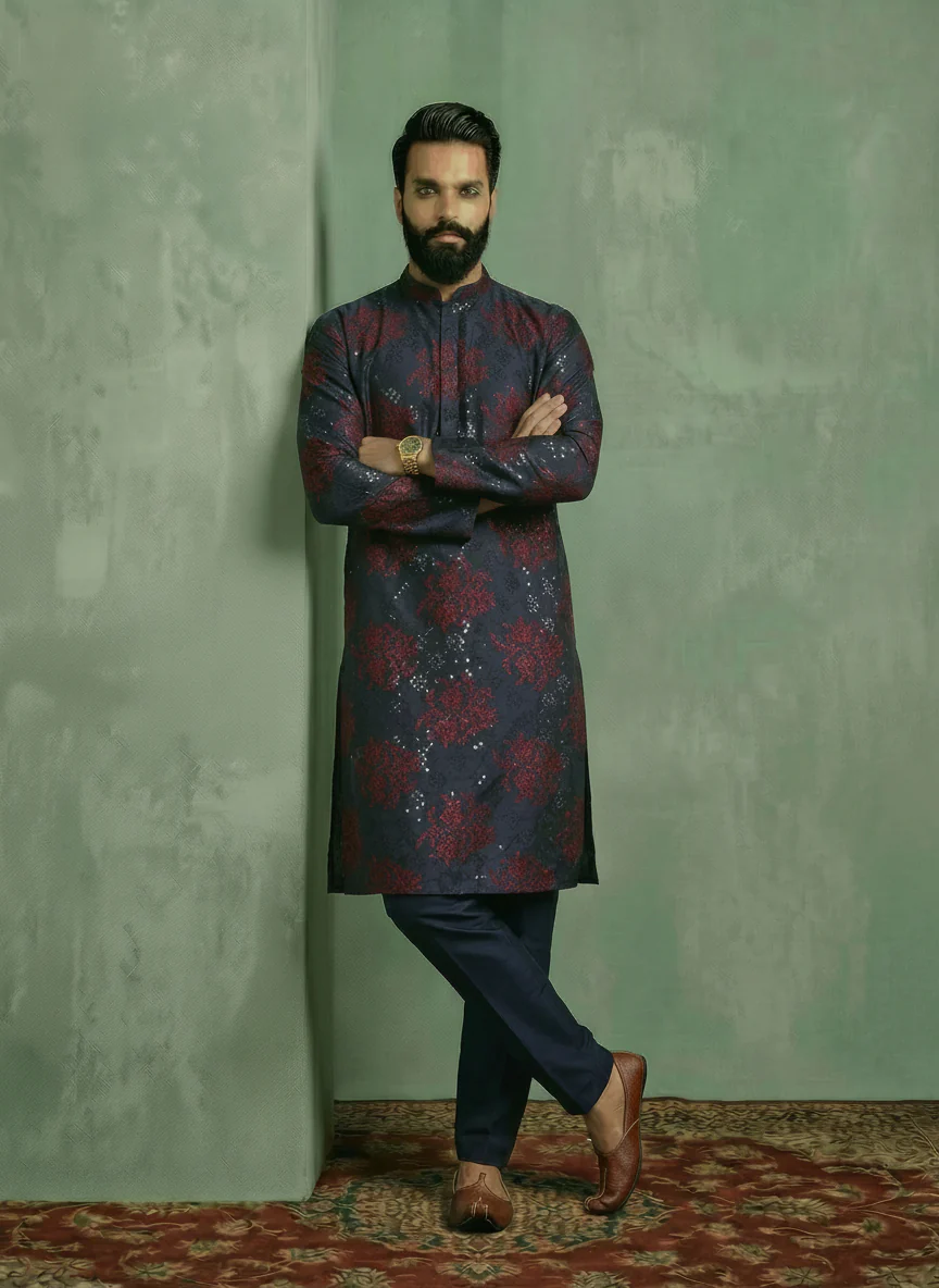 Navy Blue Cotton Blend Embroidered Kurta Trouser Set