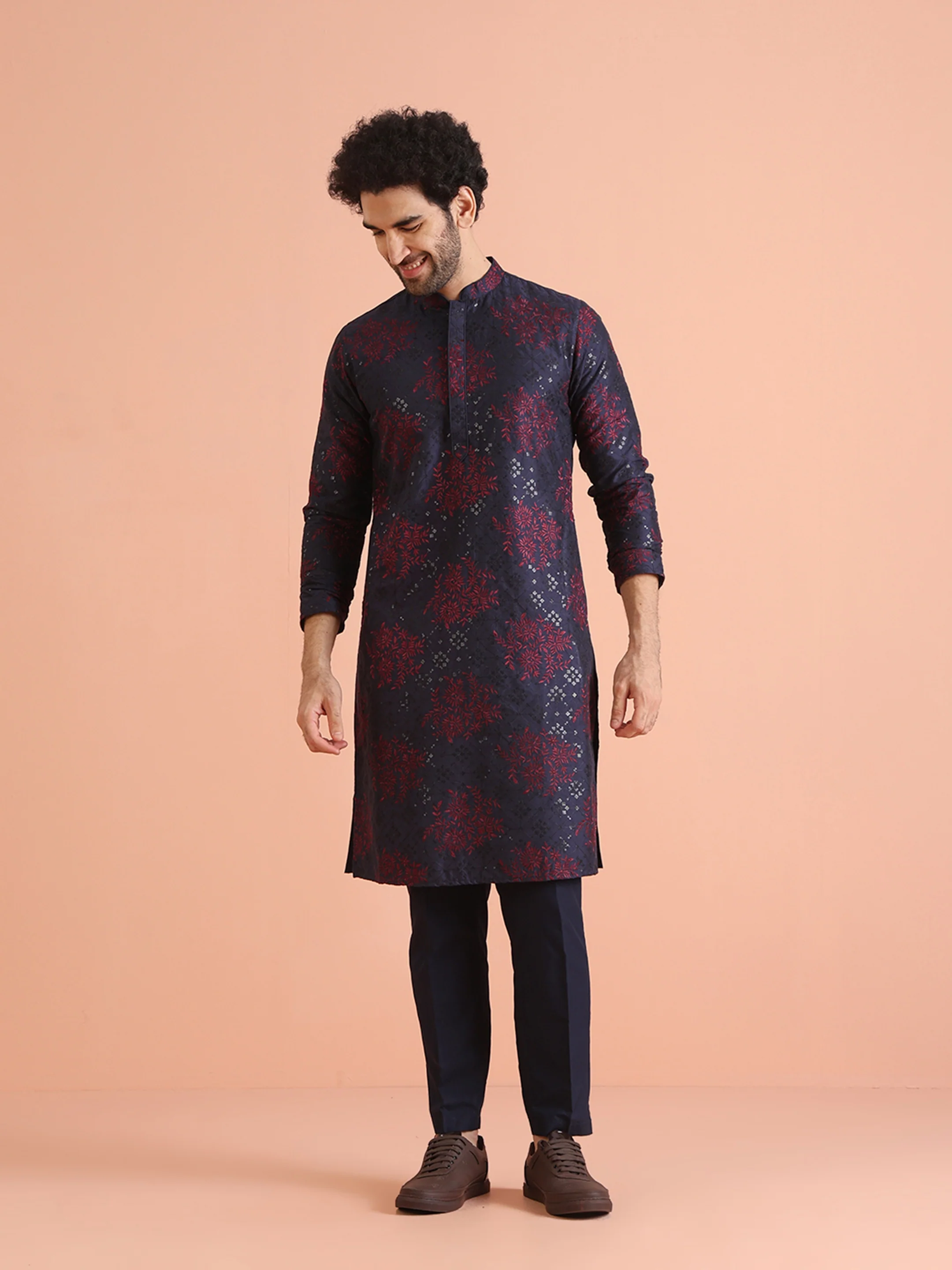 Navy Blue Cotton Blend Embroidered Kurta Trouser Set - Image 8