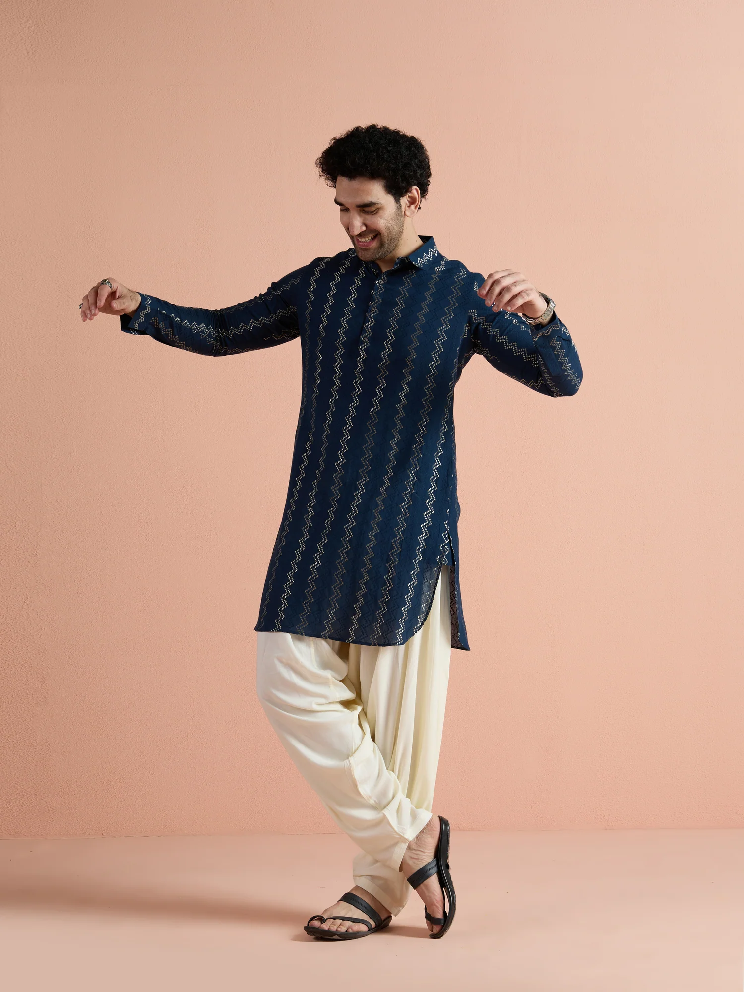 Blue Cotton Jacquard Pathani Kurta - Image 10