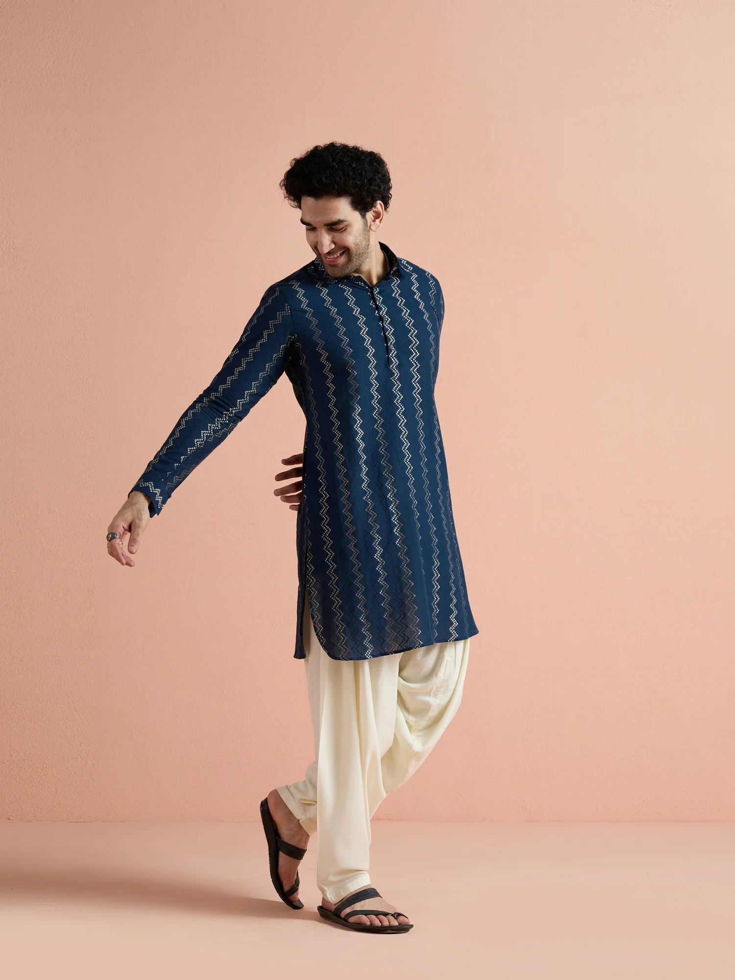 Blue Cotton Jacquard Pathani Kurta - Image 3