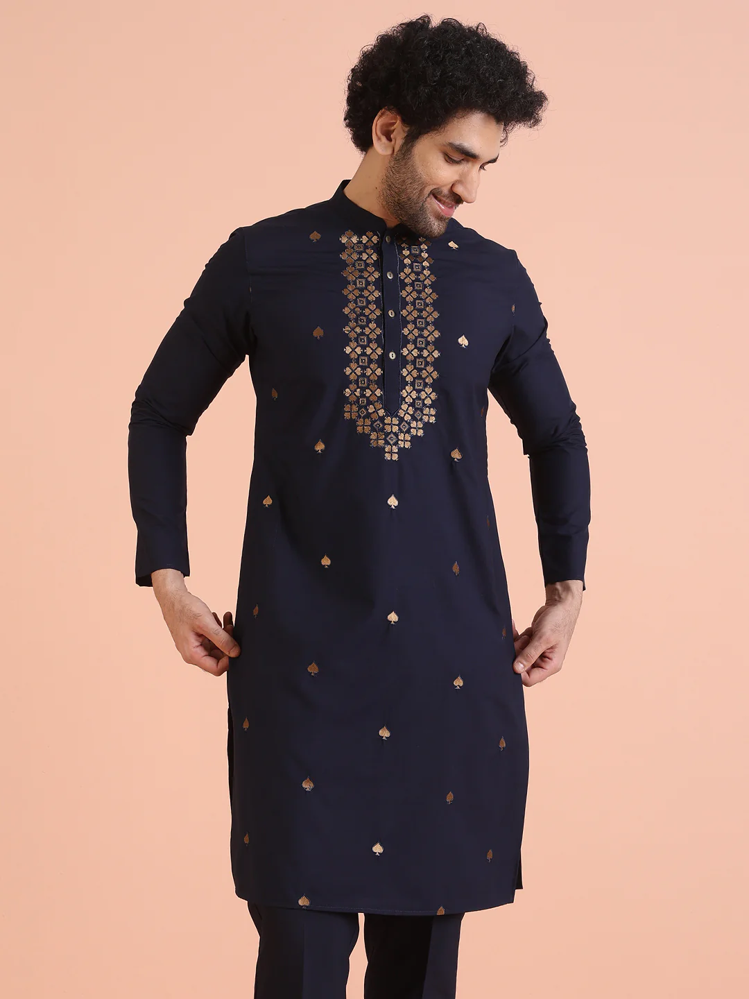 Navy Blue Cotton Silk Embroidered Kurta - Image 8