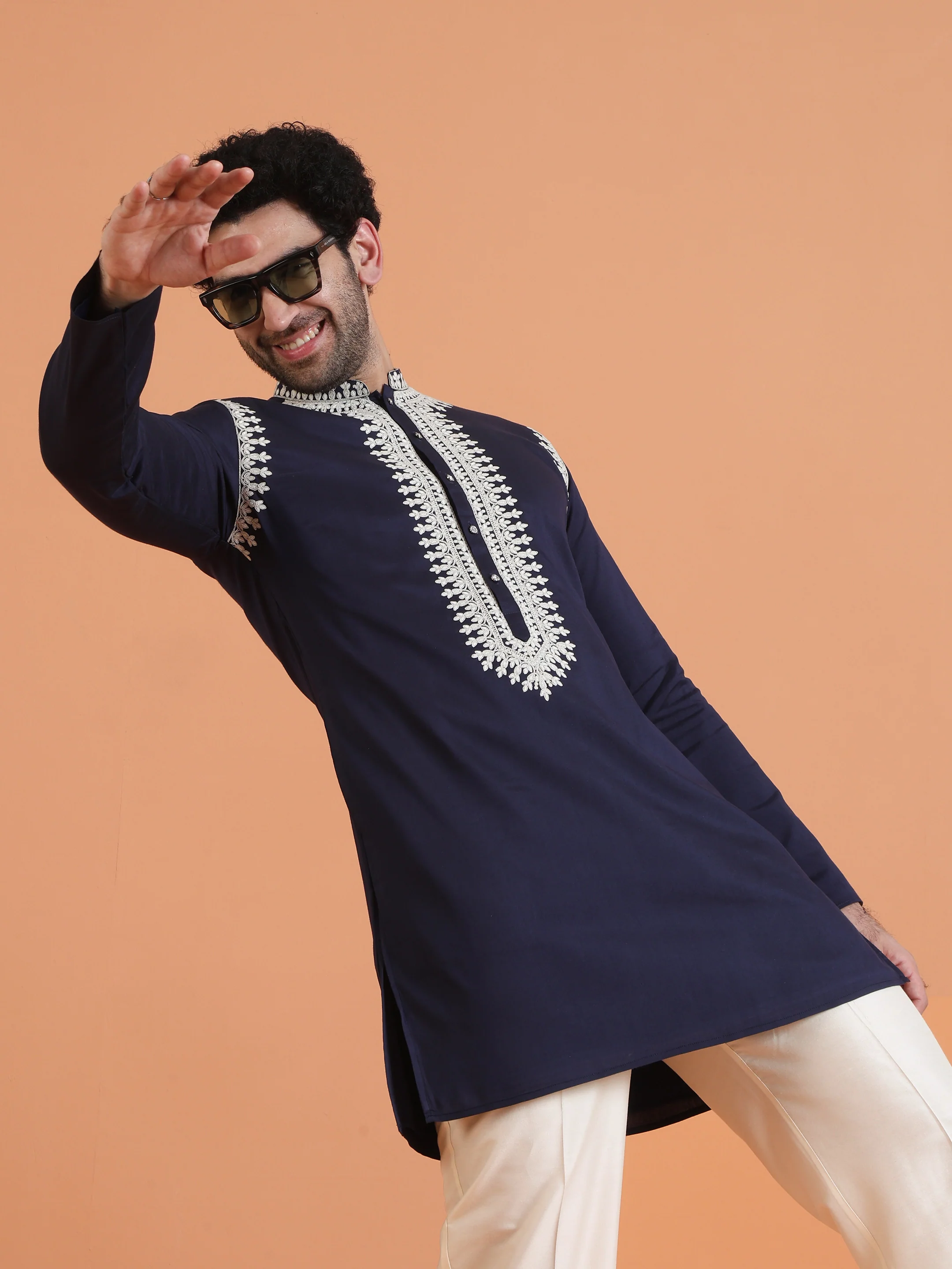 Navy Blue Cotton Silk Embroidered Mid Kurta