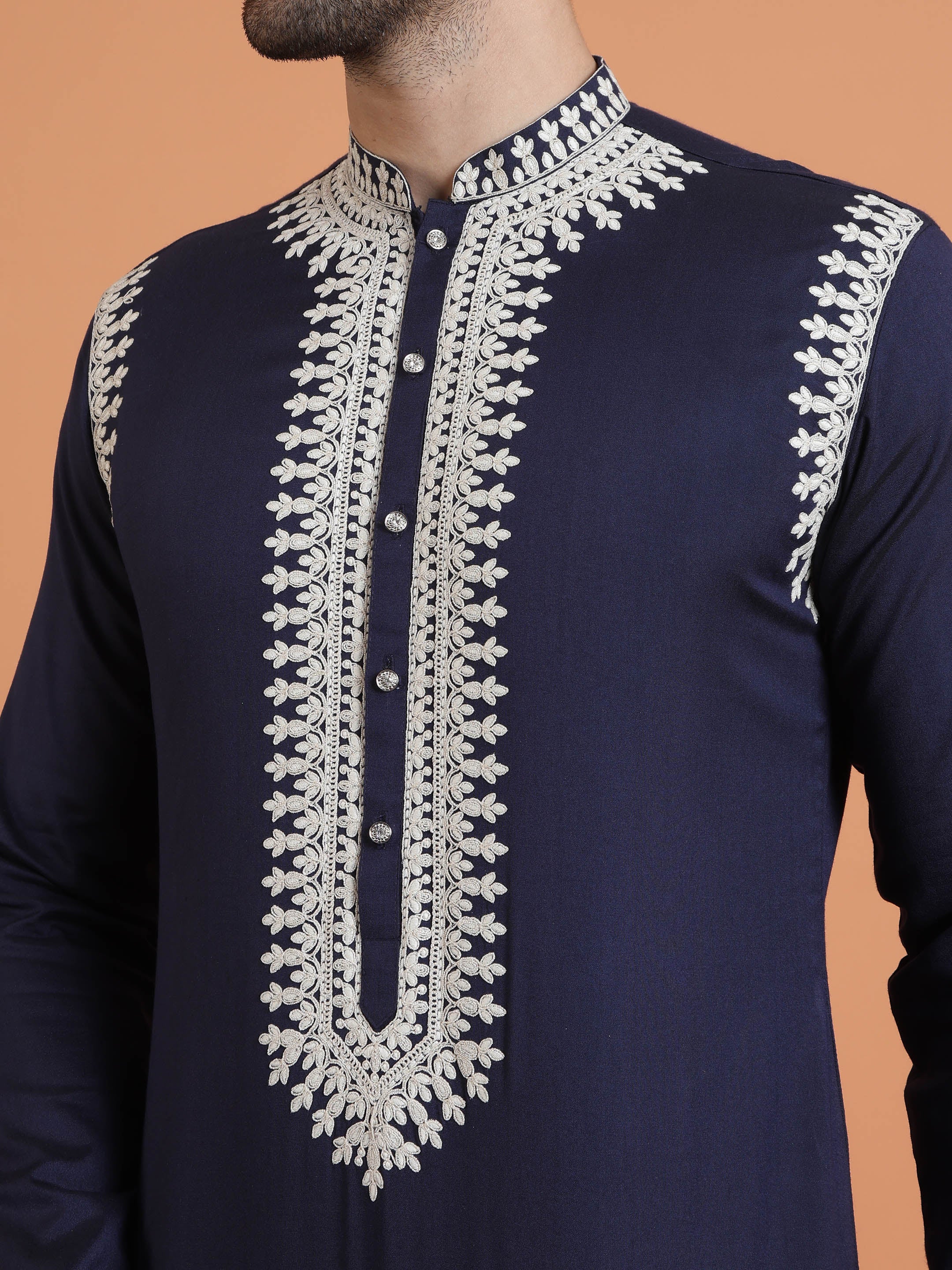 Navy Blue Cotton Silk Embroidered Mid Kurta - Image 5