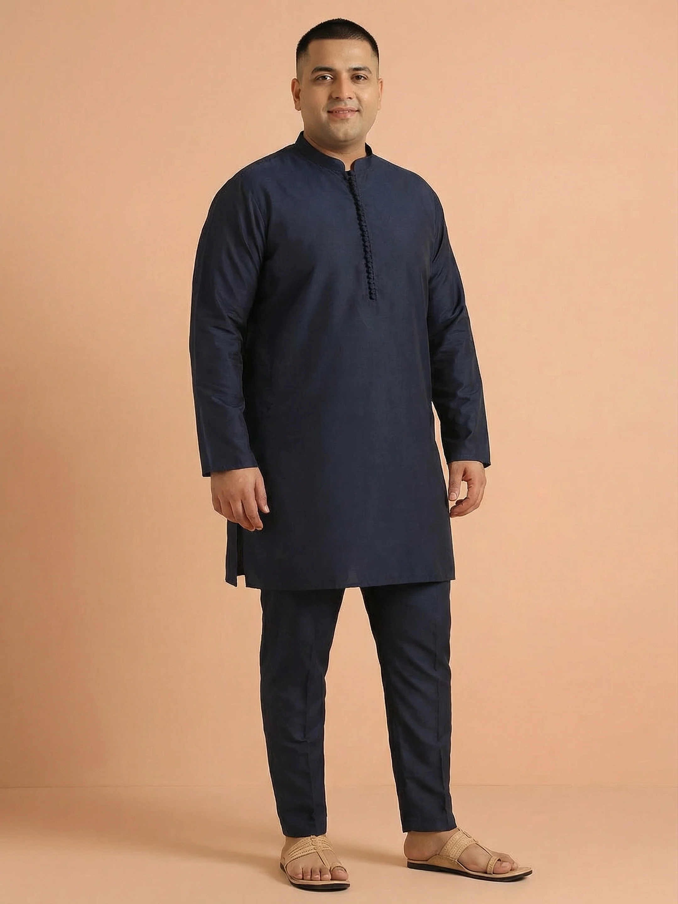 Navy Blue Cotton Silk Mid Kurta