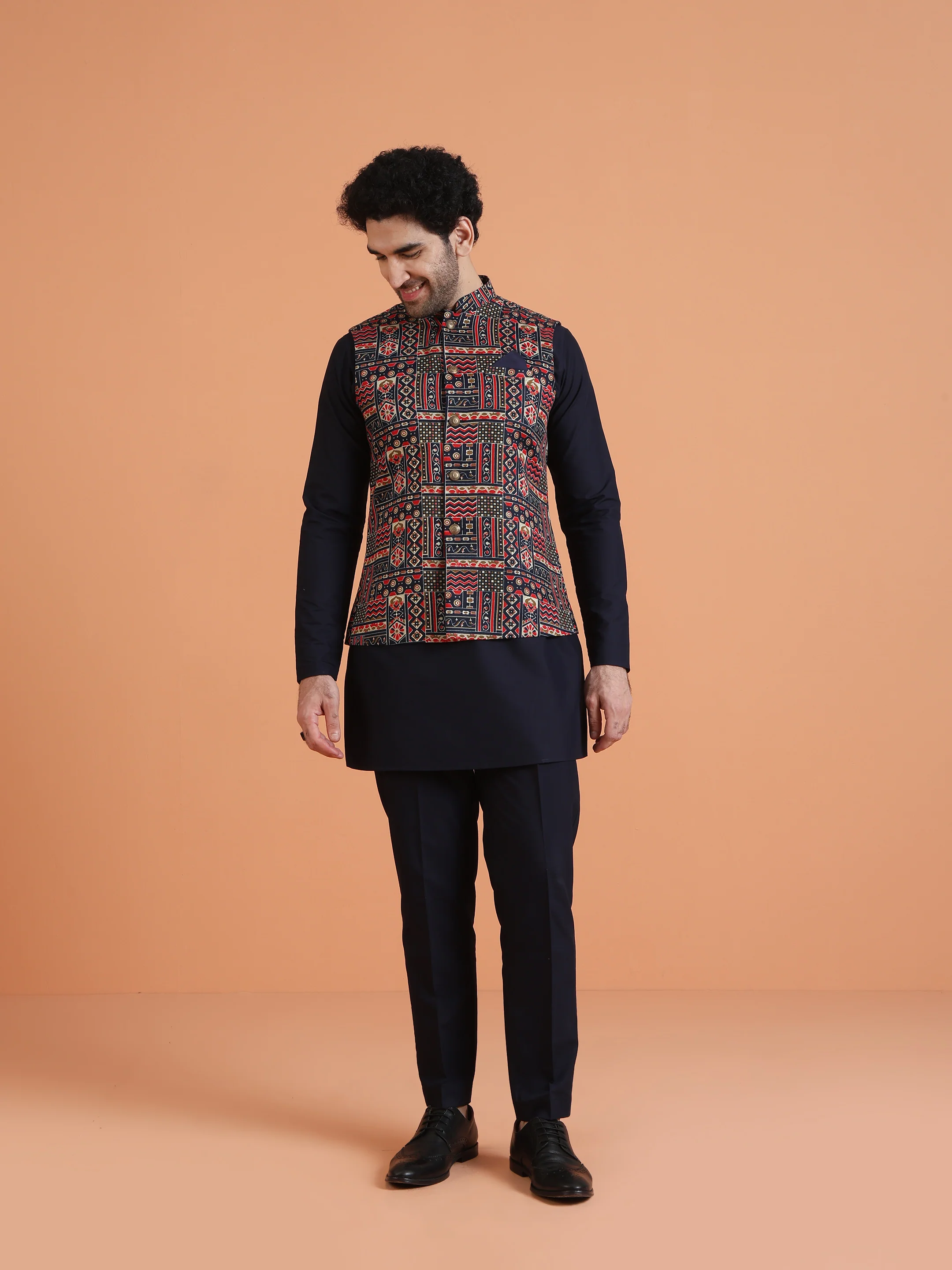 Navy Blue Cotton Silk Printed Jacket Kurta Trouser Set - Image 7
