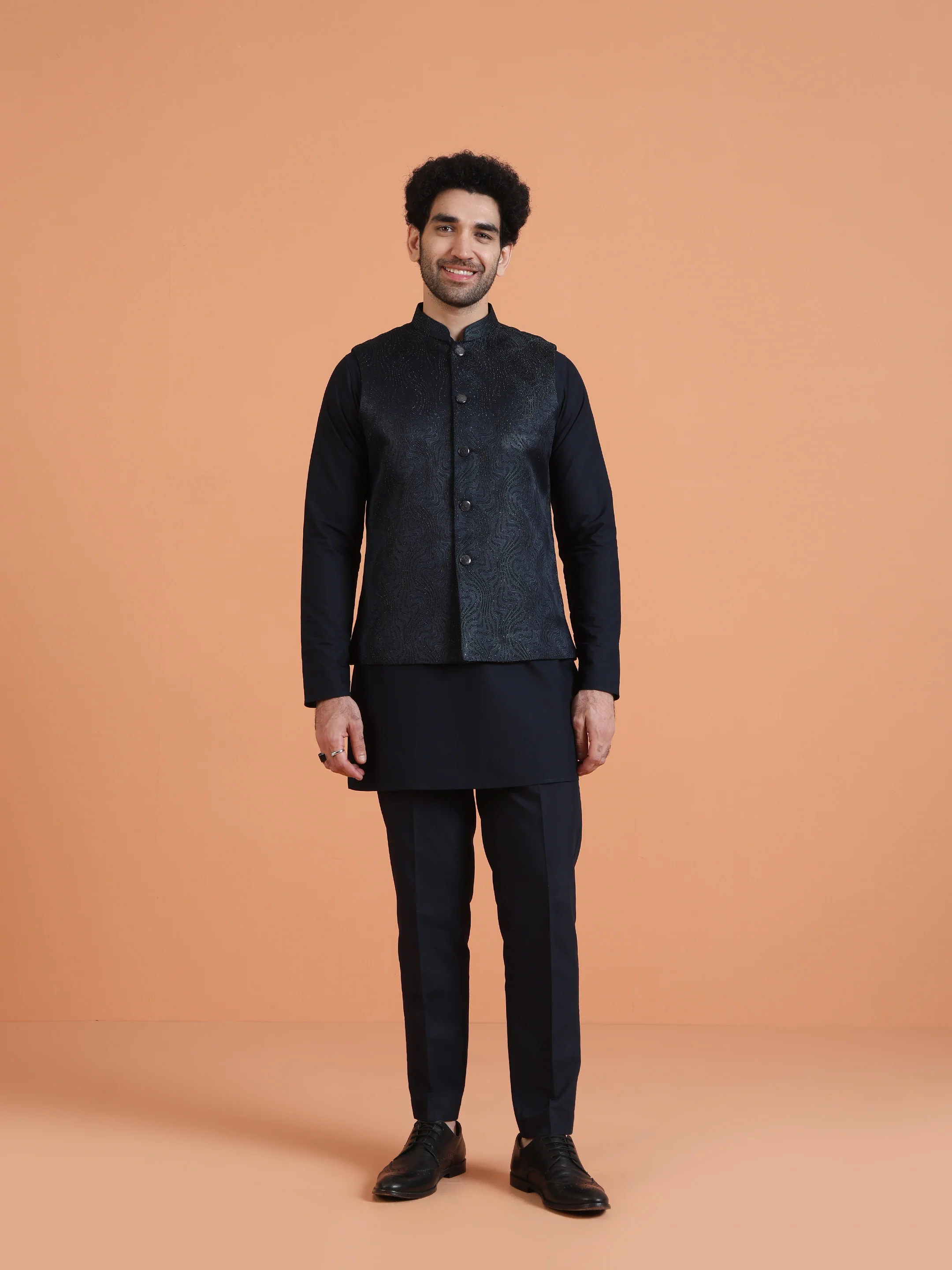 Navy Blue Cotton Silk Textured Jacket Kurta Trouser Set - Image 7