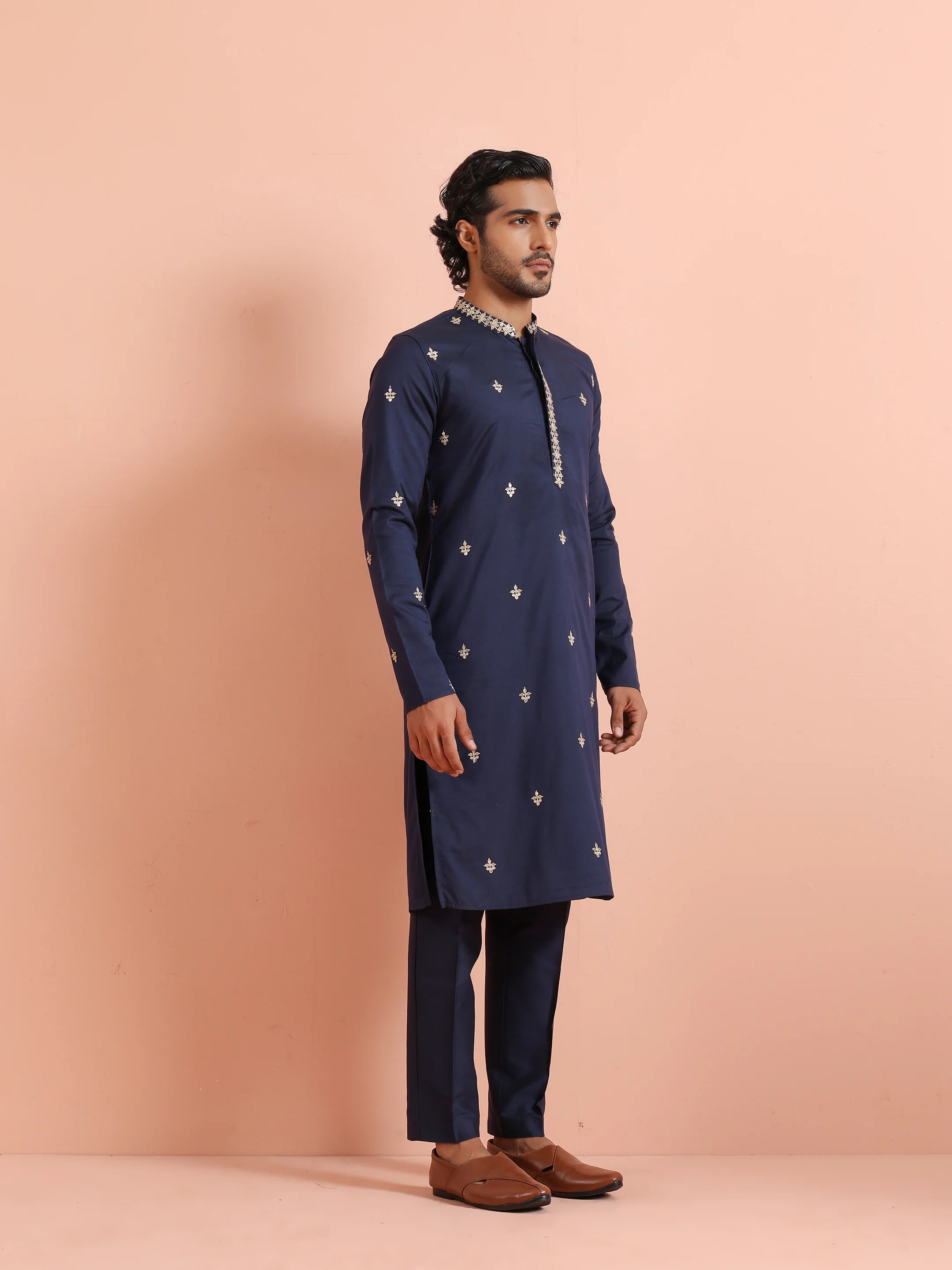 Navy Blue Embroidered Kurta Trouser Set - Image 3