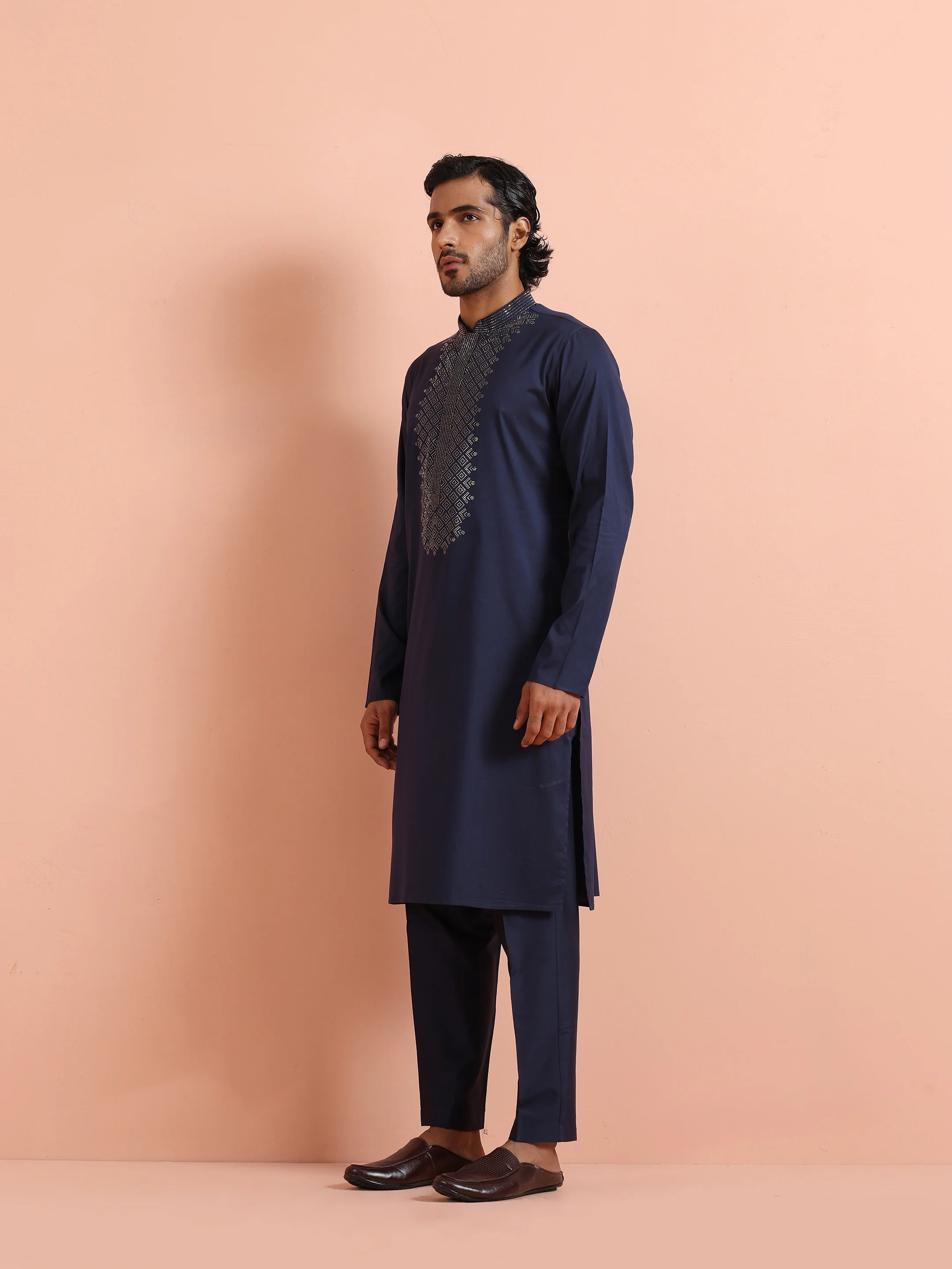 Navy Blue Embroidered Kurta Trouser Set - Image 2
