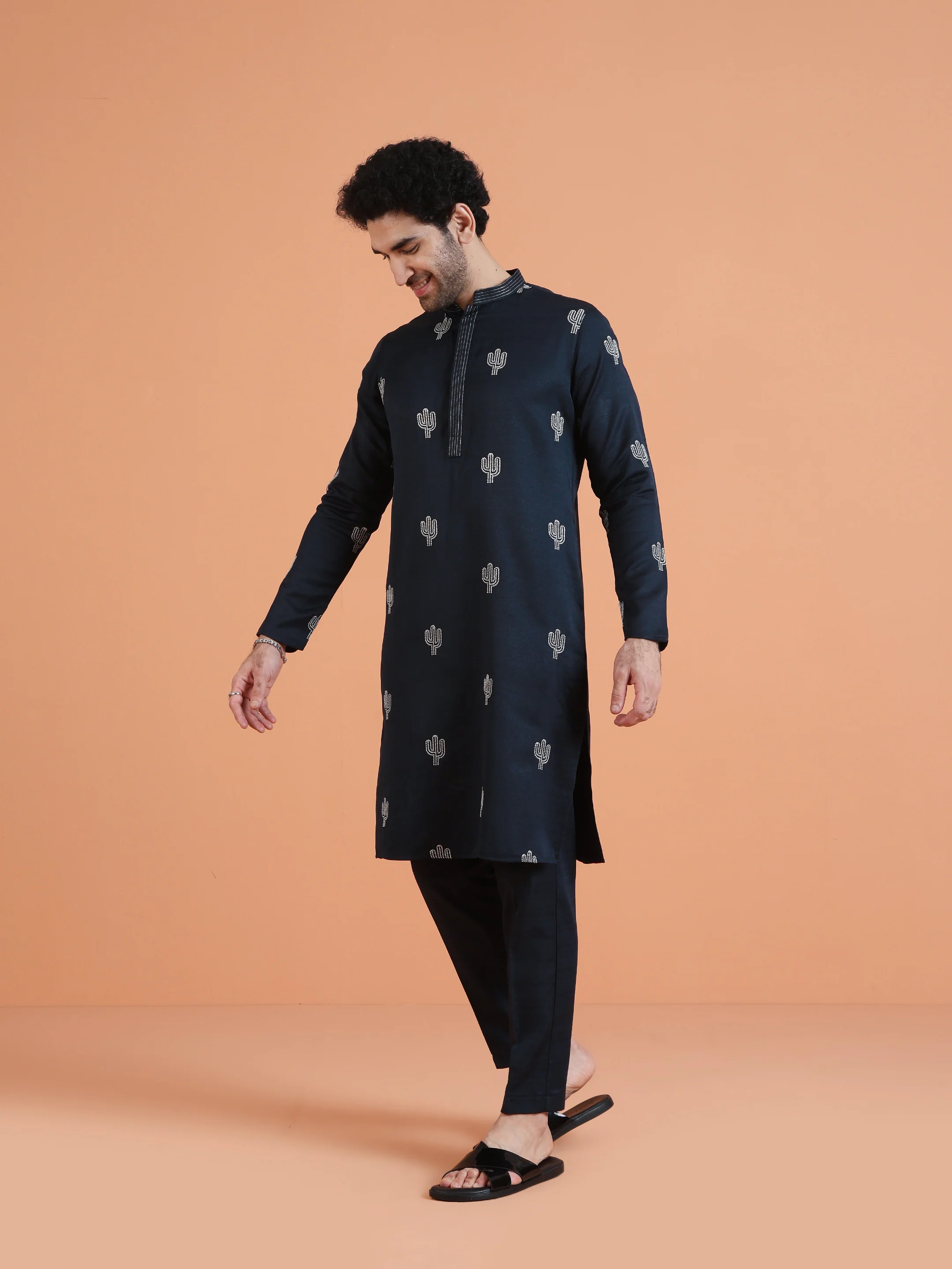 Navy Blue Embroidered Kurta with Navy Trouser Set – Contemporary Wear