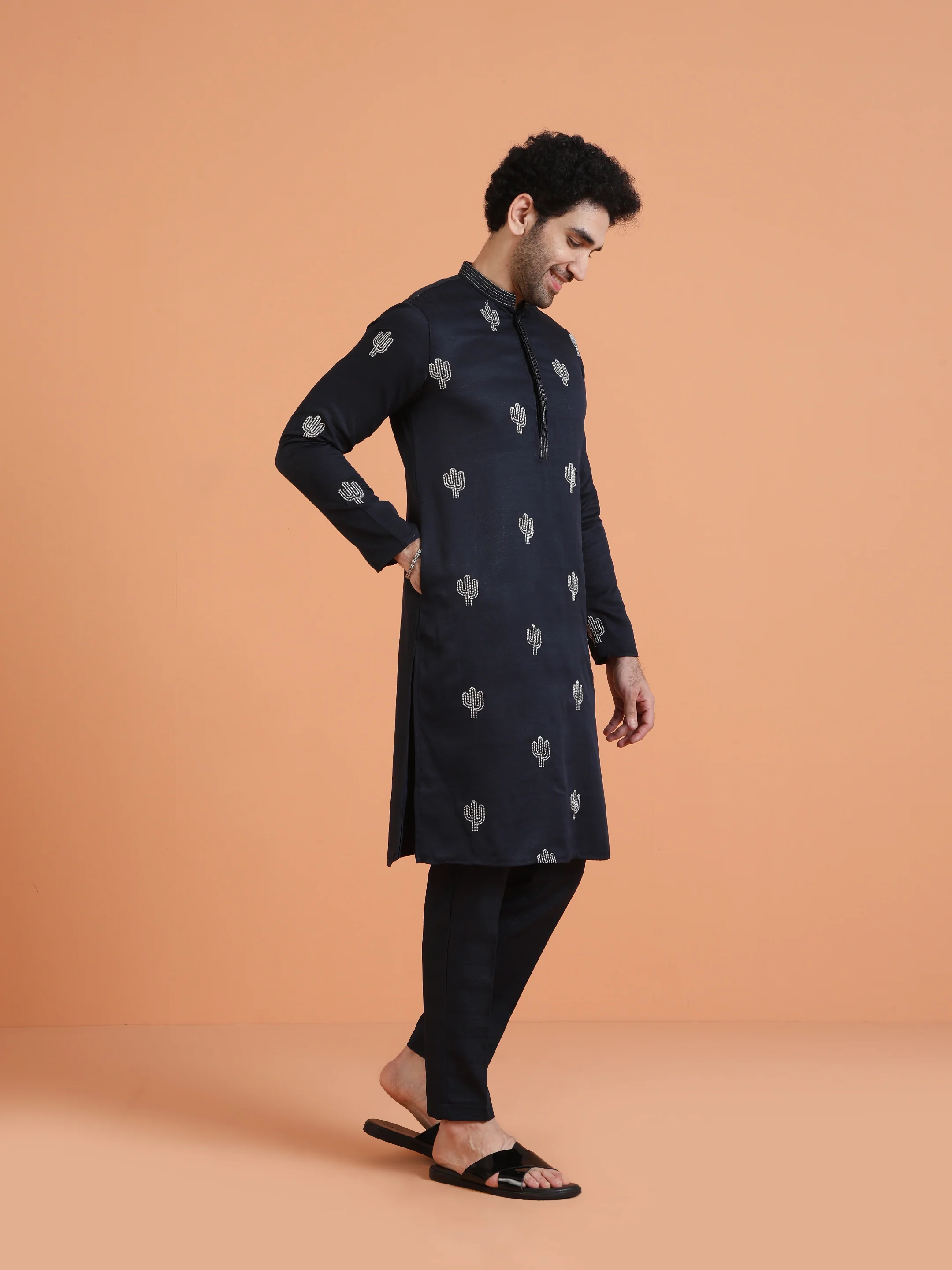 Navy Blue Embroidered Kurta with Navy Trouser Set – Contemporary Wear - Image 2