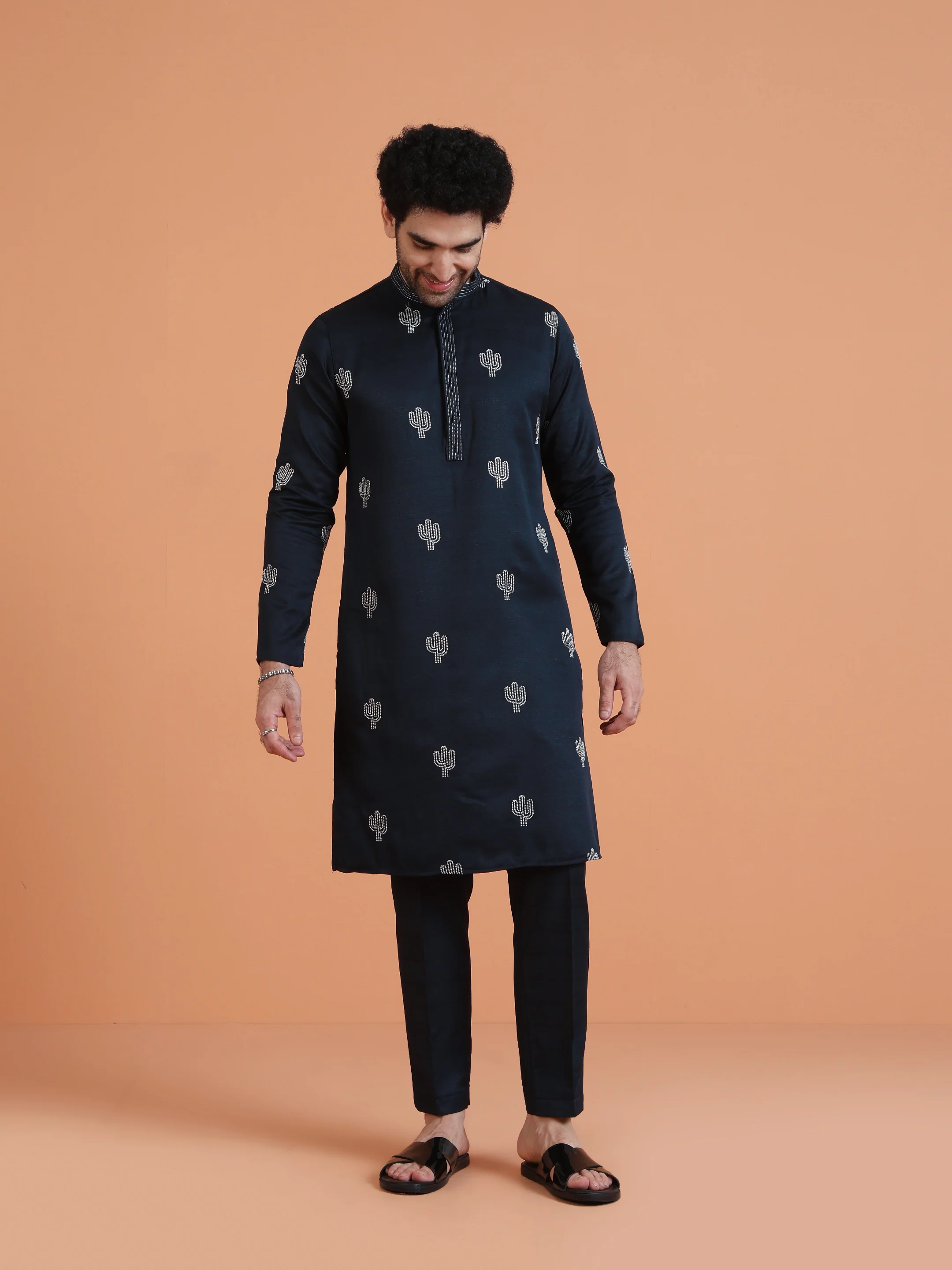 Navy Blue Embroidered Kurta with Navy Trouser Set – Contemporary Wear - Image 3